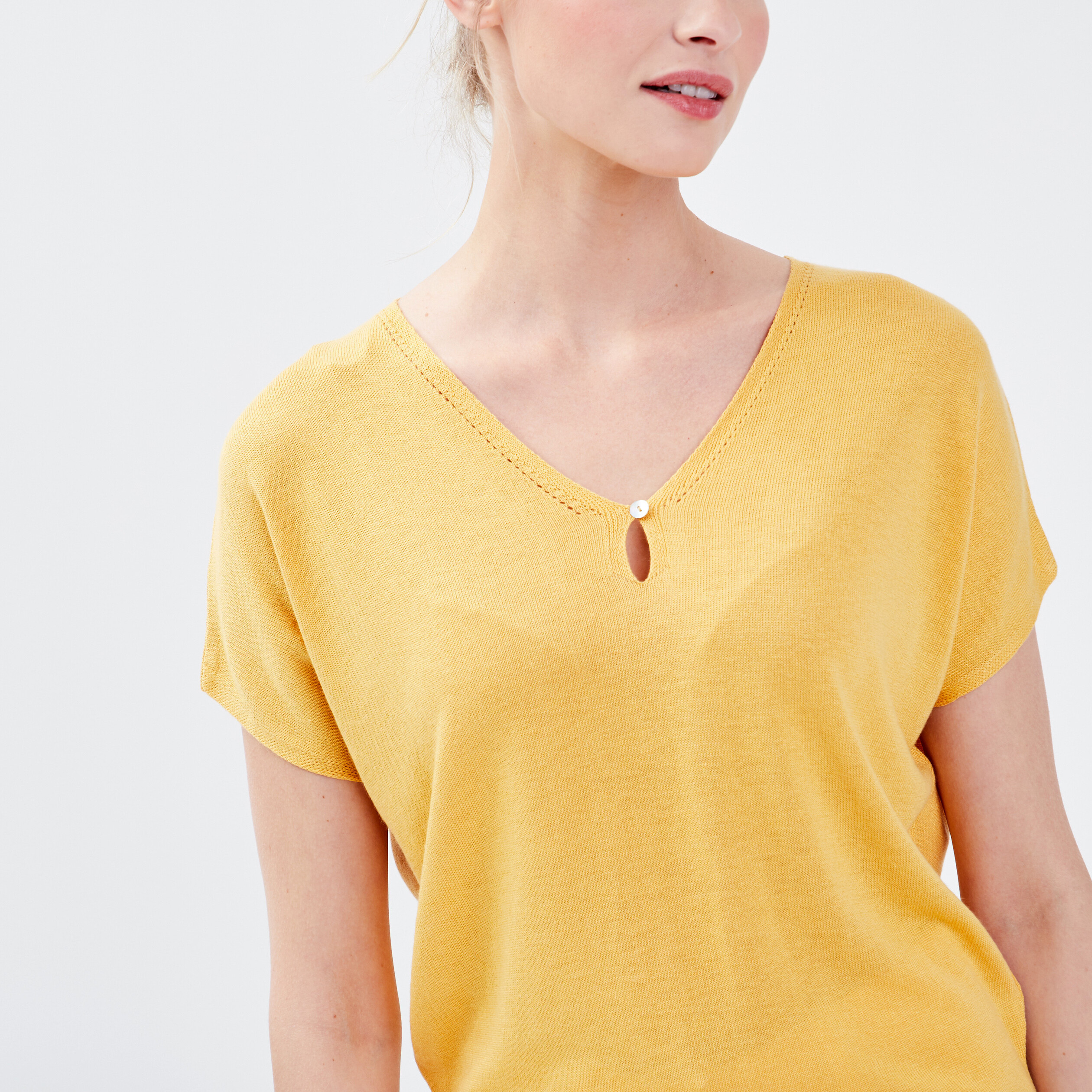Pull manches courtes jaune moutarde femme