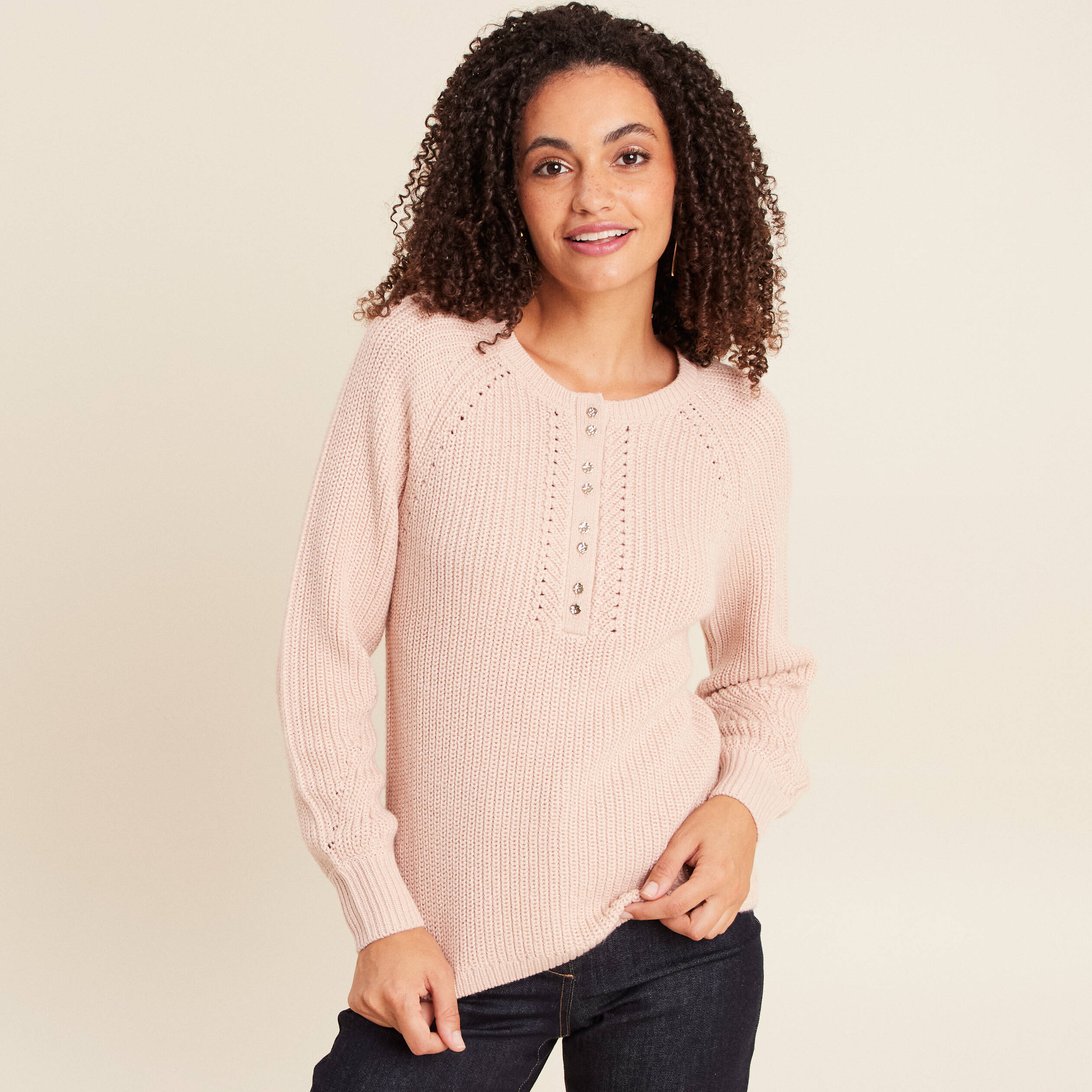 Pull col tunisien manches longues vieux rose femme