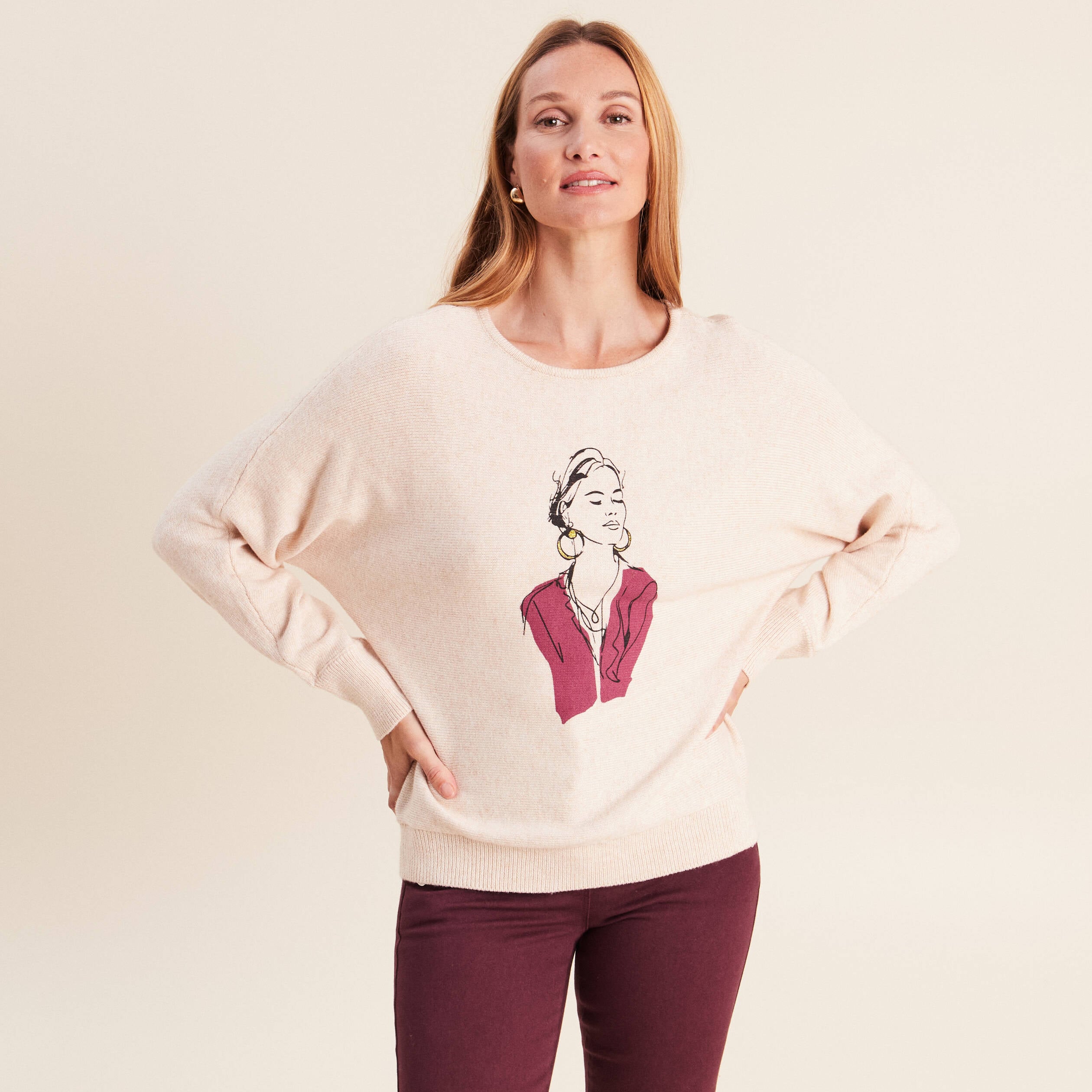 Pull col rond manches longues beige femme