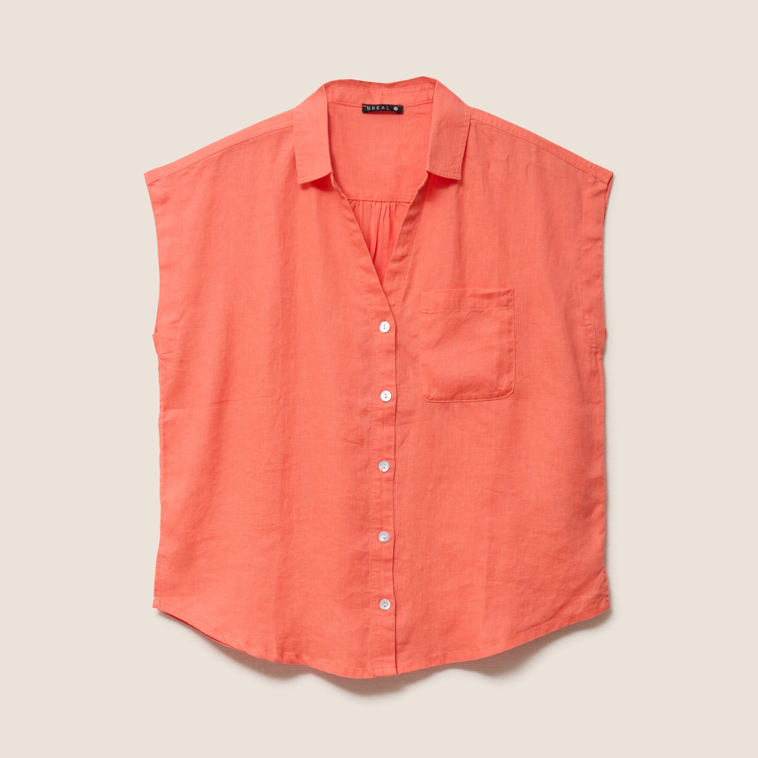 Chemise ample manches courtes aspect lin orange fluo femme