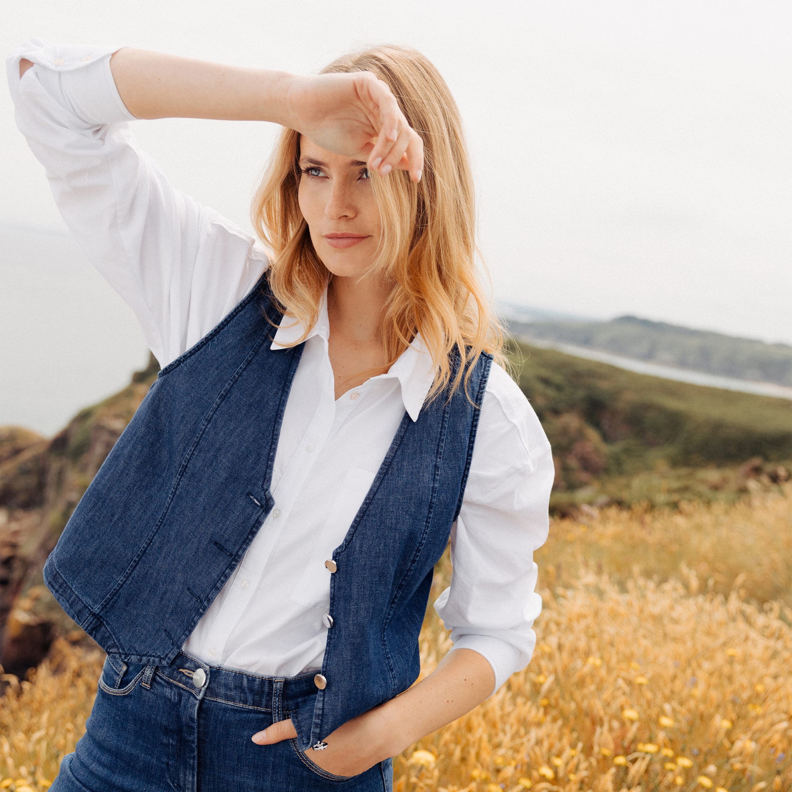 Gilet barman sans manches jean denim double stone femme Bréal