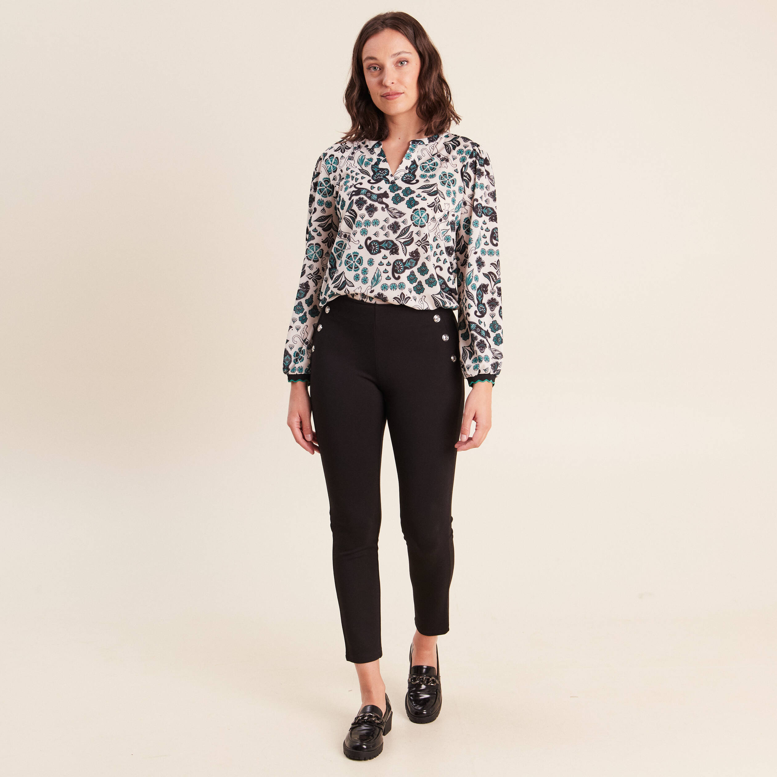 Legging 7/8&egrave;me taille bascul&eacute;e en maille noir femme