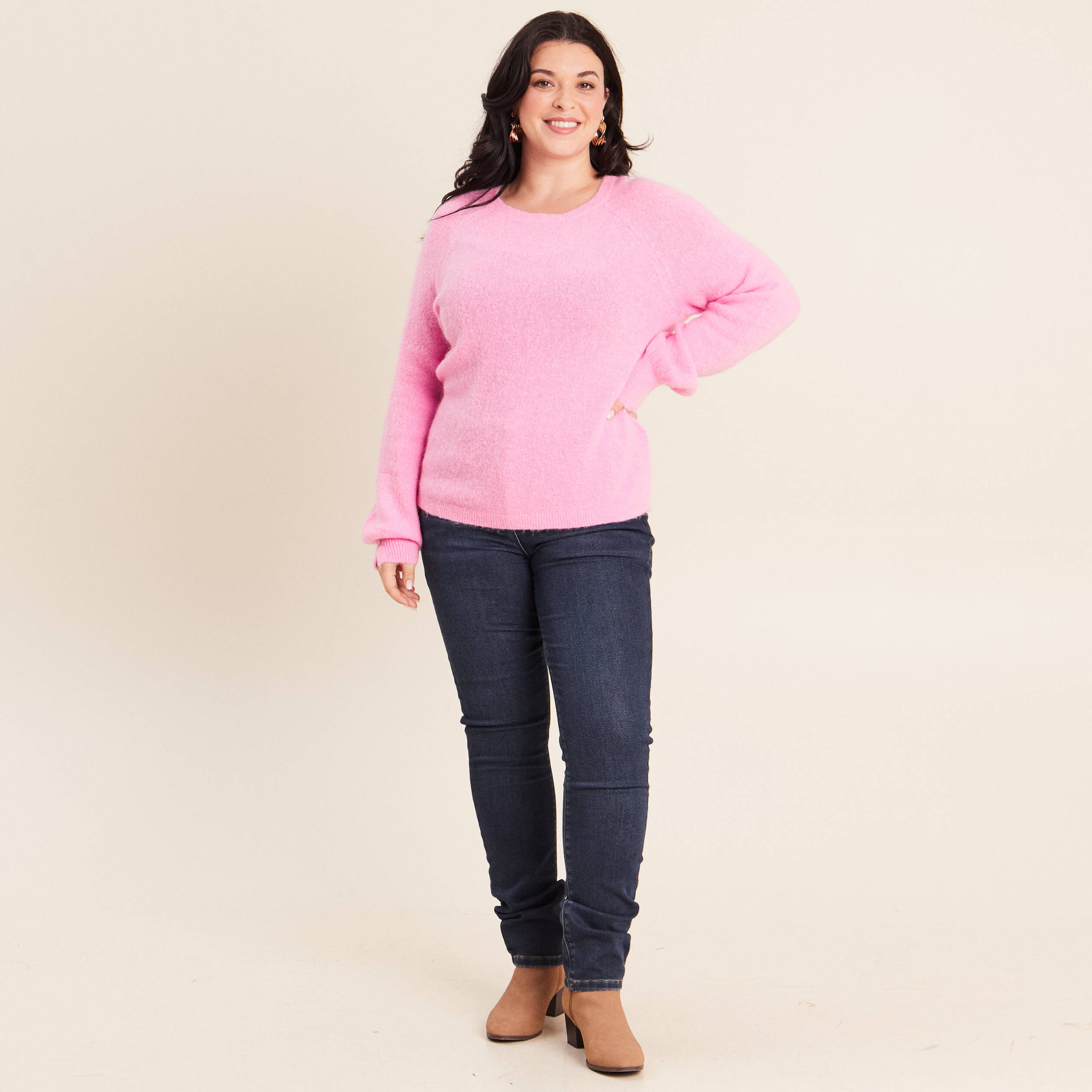 Pull col rond manches longues rose femme
