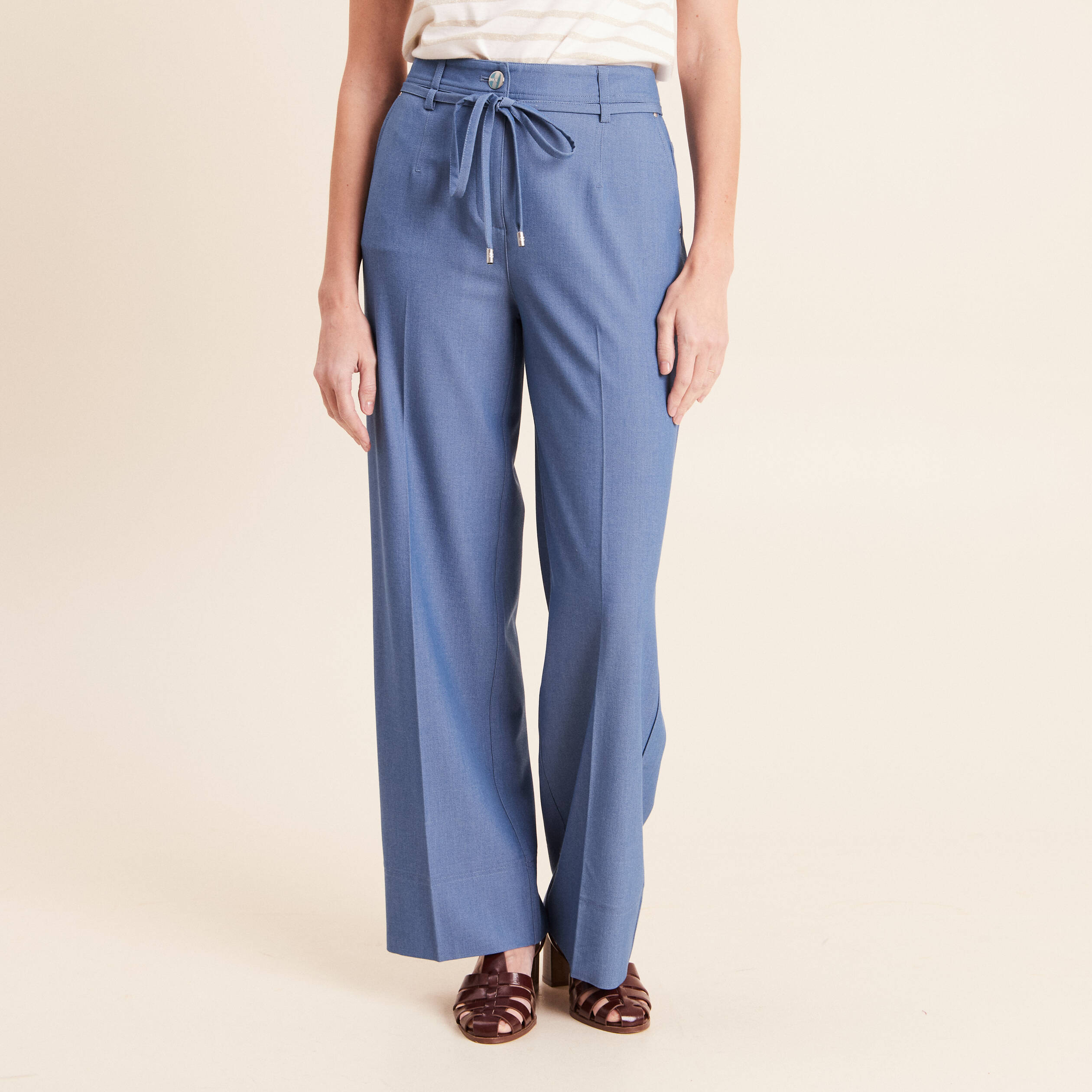 Pantalon coupe large taille haute fluide denim double stone femme