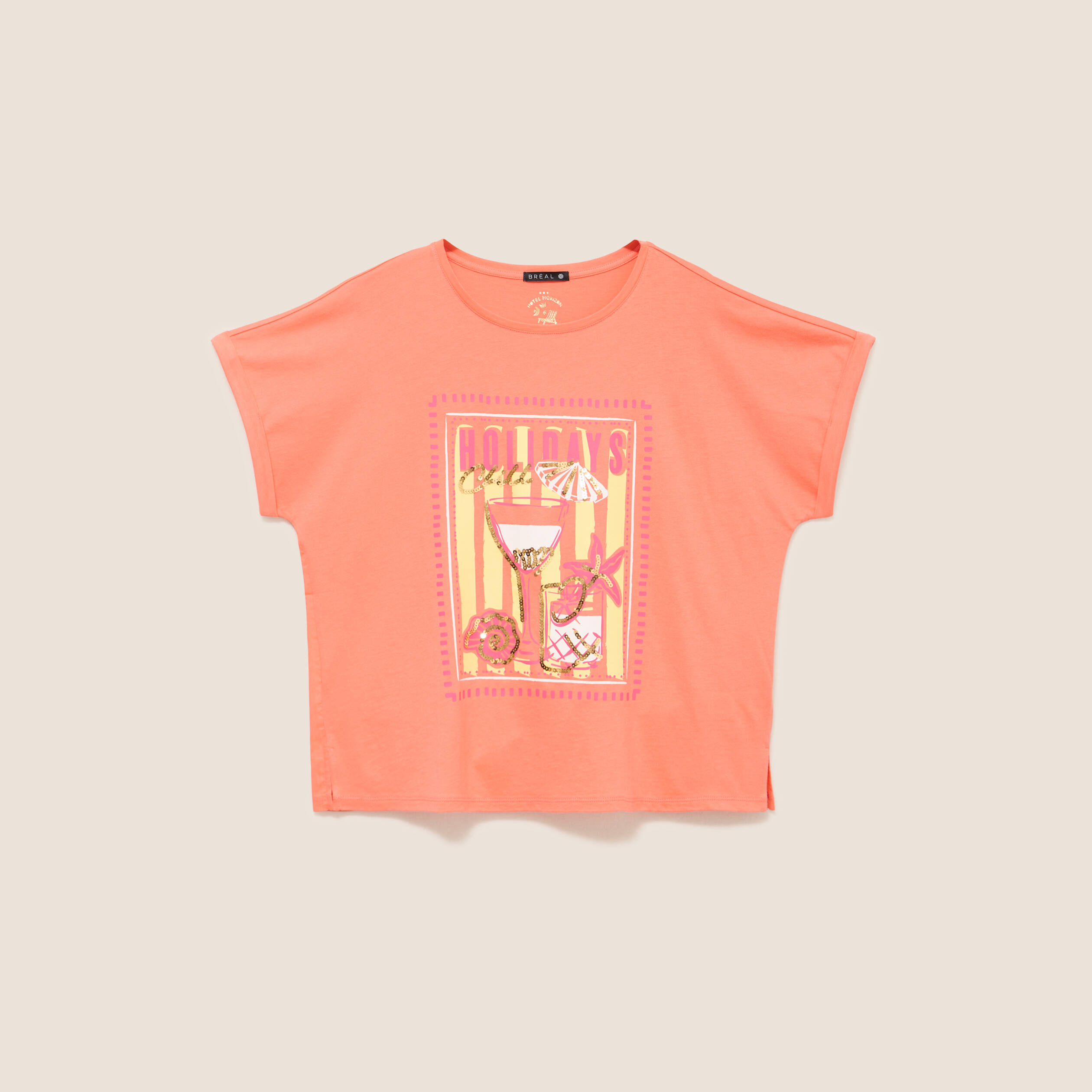T-shirt col rond manches courtes sequins orange fluo femme