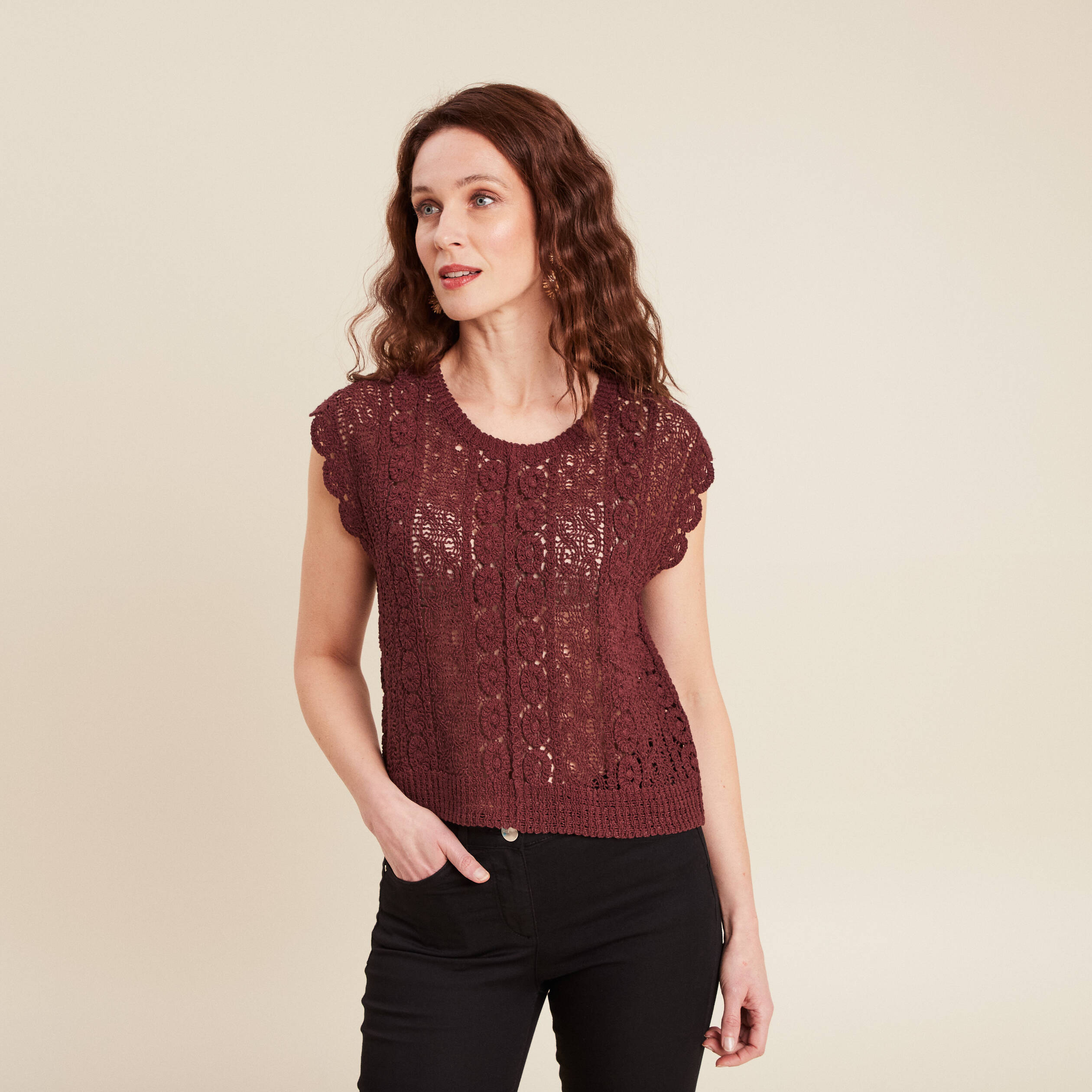 Débardeur macramé bordeaux femme