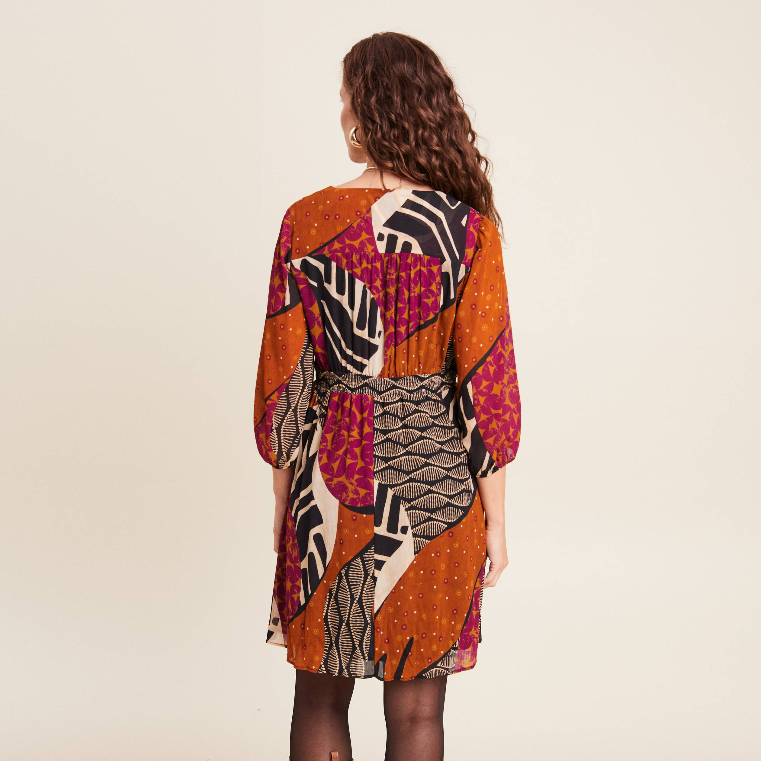 Robe évasée fluide manches 3/4 multicolore femme