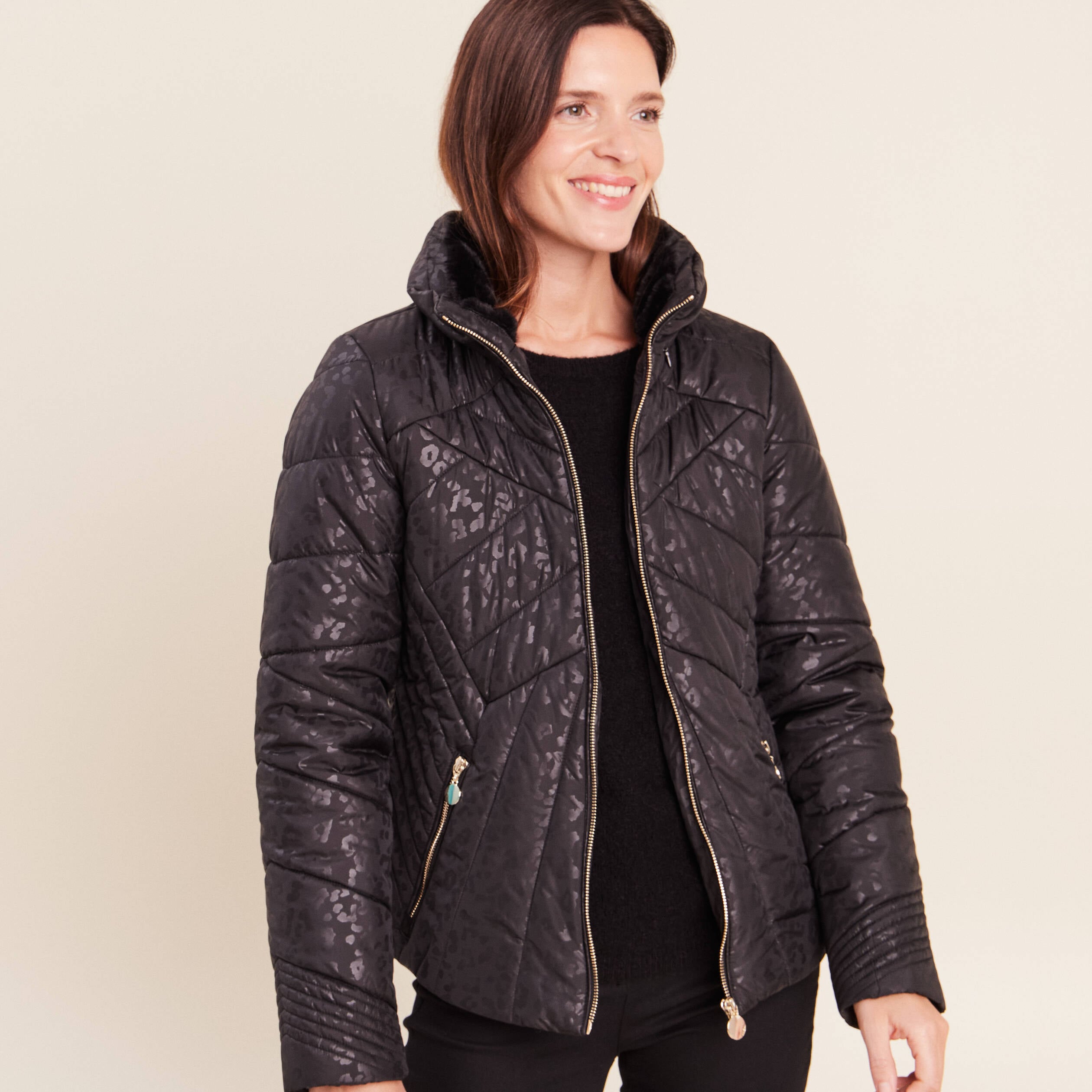 Doudoune d&eacute;perlante droite zipp&eacute;e noir femme