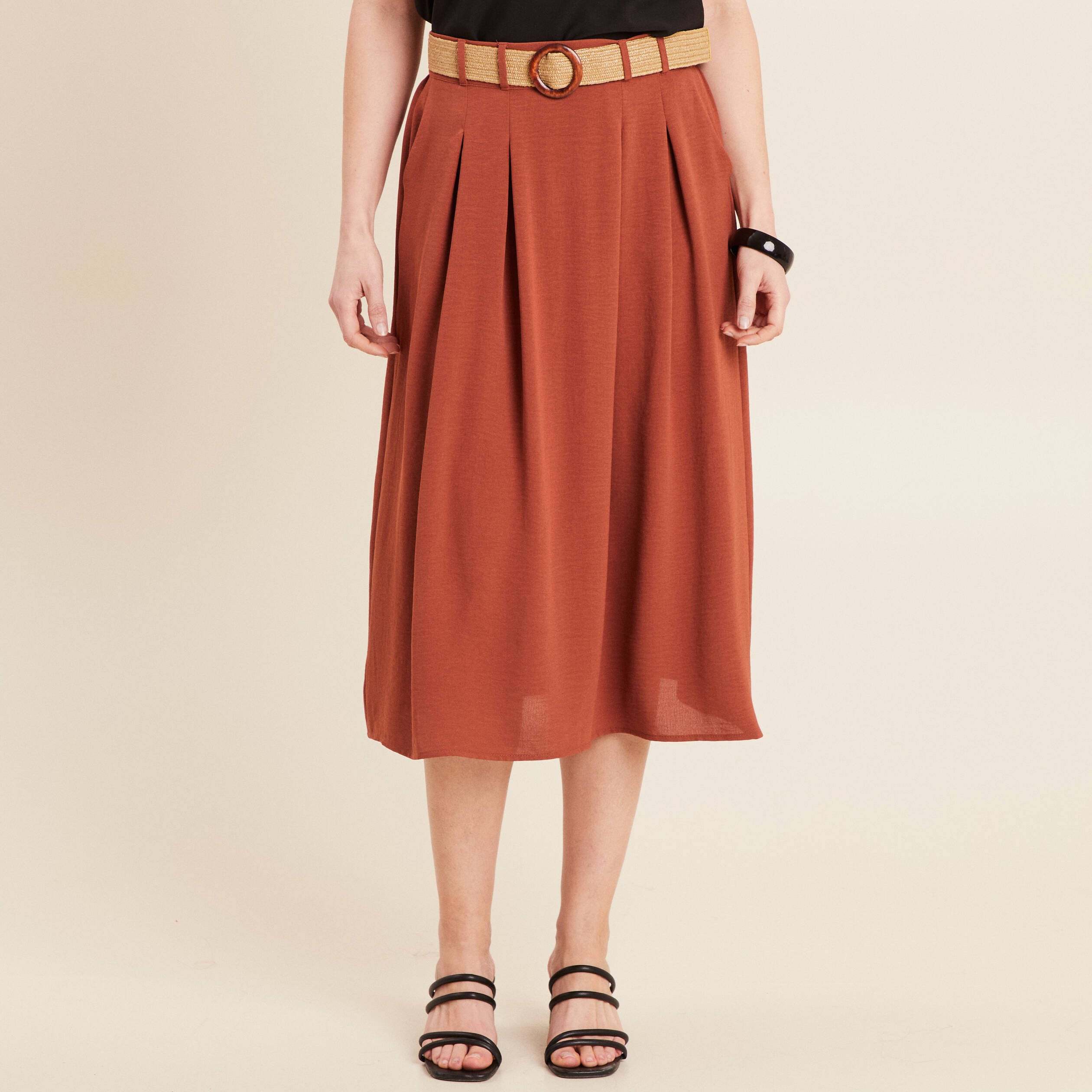 Jupe longue évasée ceinturée marron foncé femme