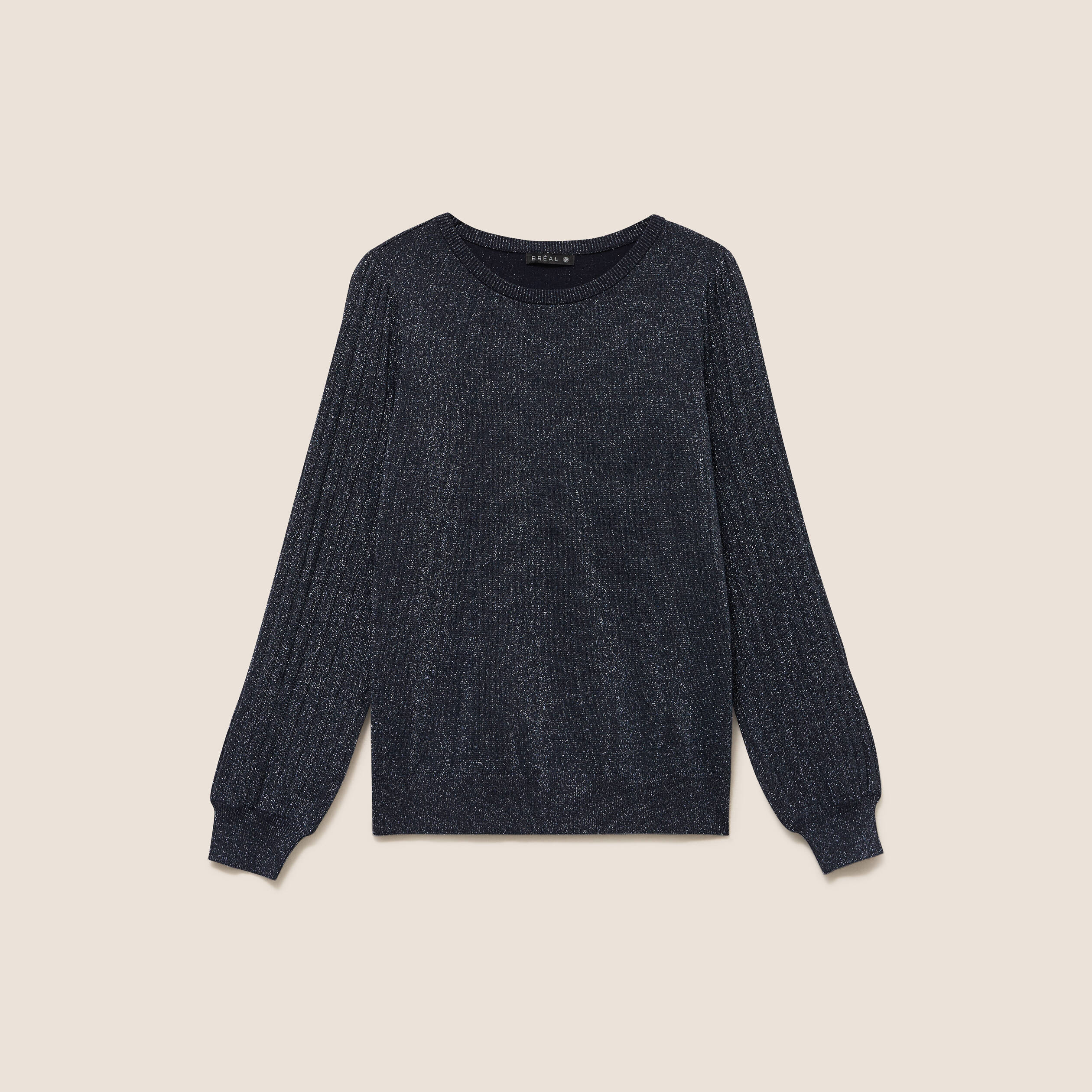 Pull cintr&eacute; col rond manches longues bleu fonc&eacute; femme