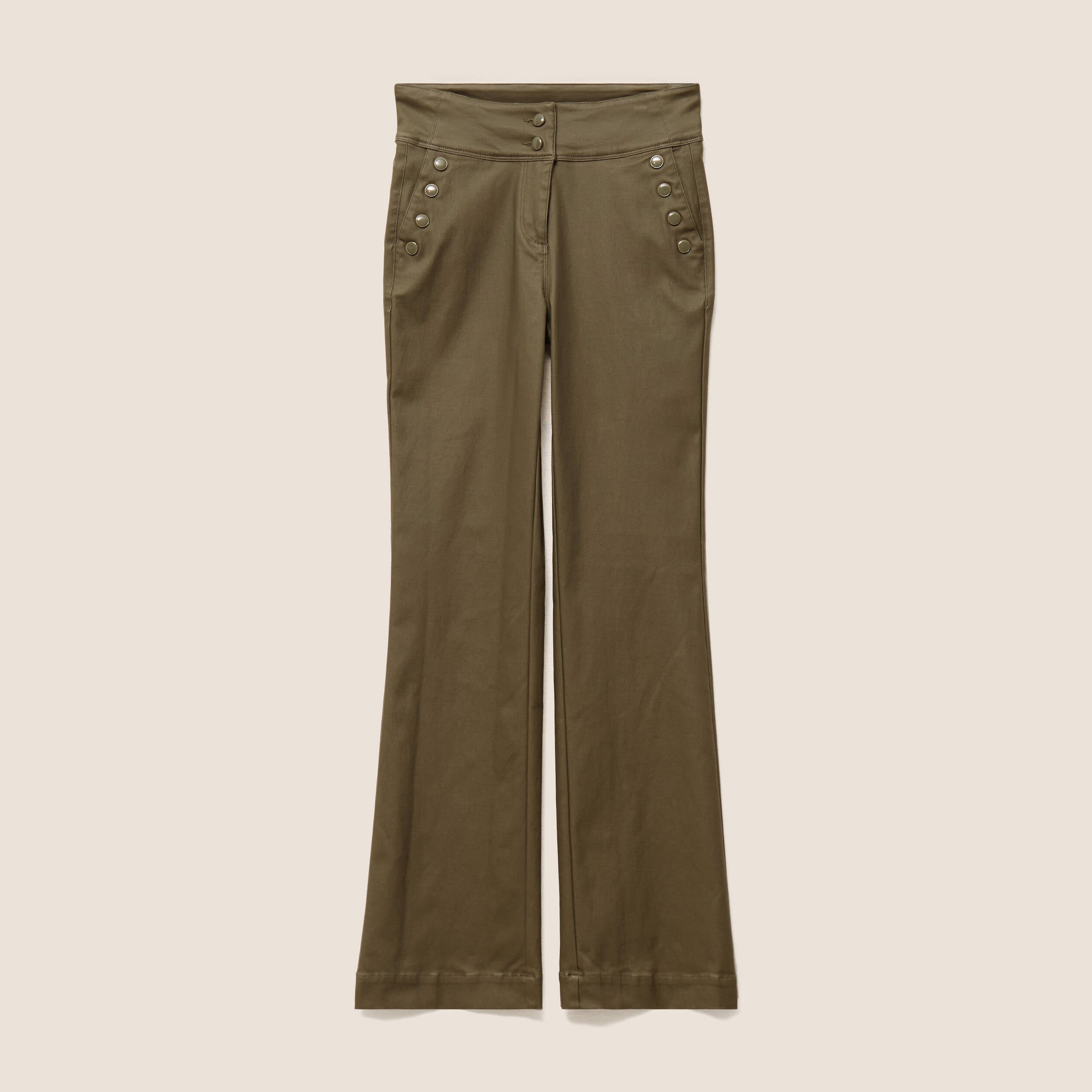 Pantalon bootcut enduit taille haute vert kaki femme