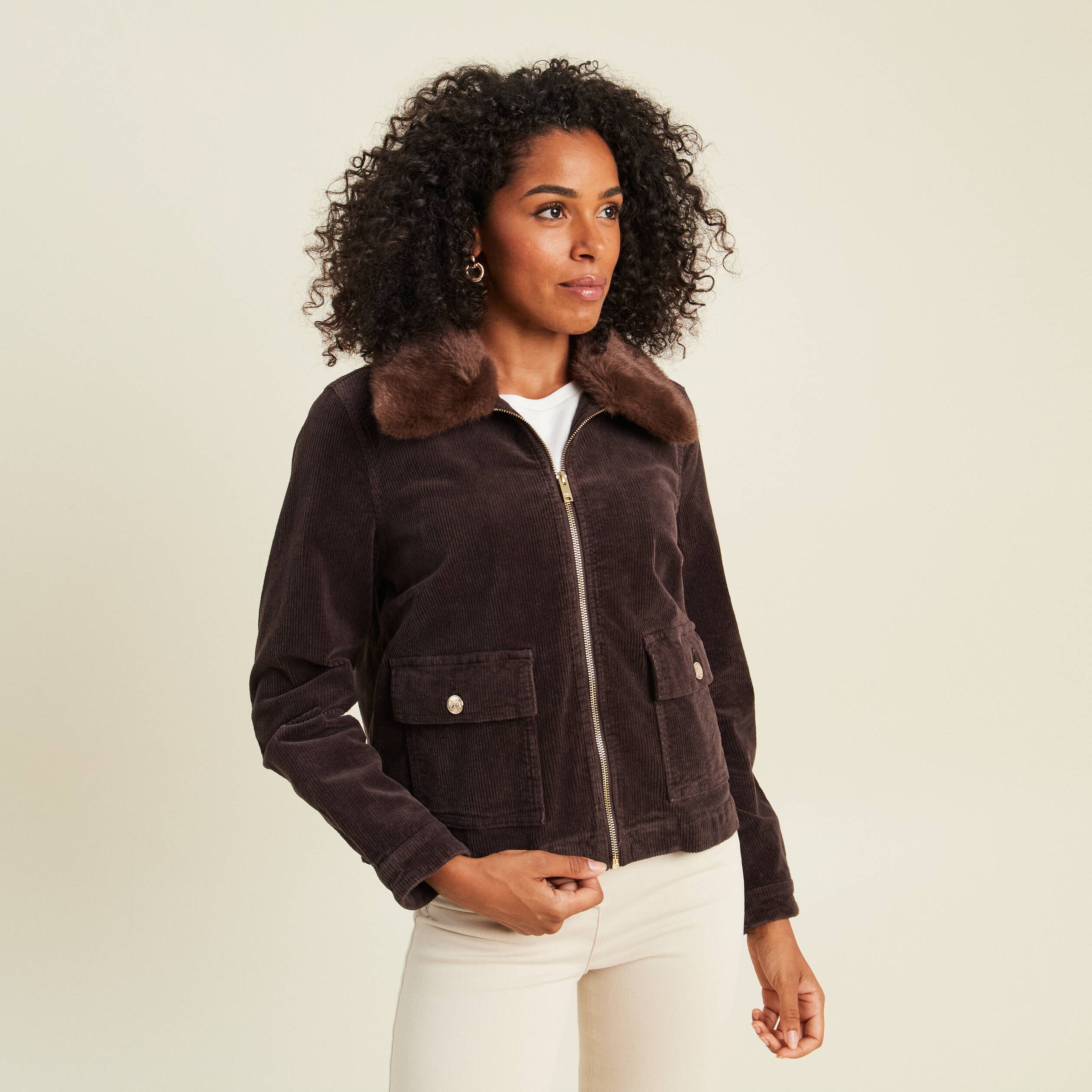 Blouson droit velours manches longues marron fonc&eacute; femme