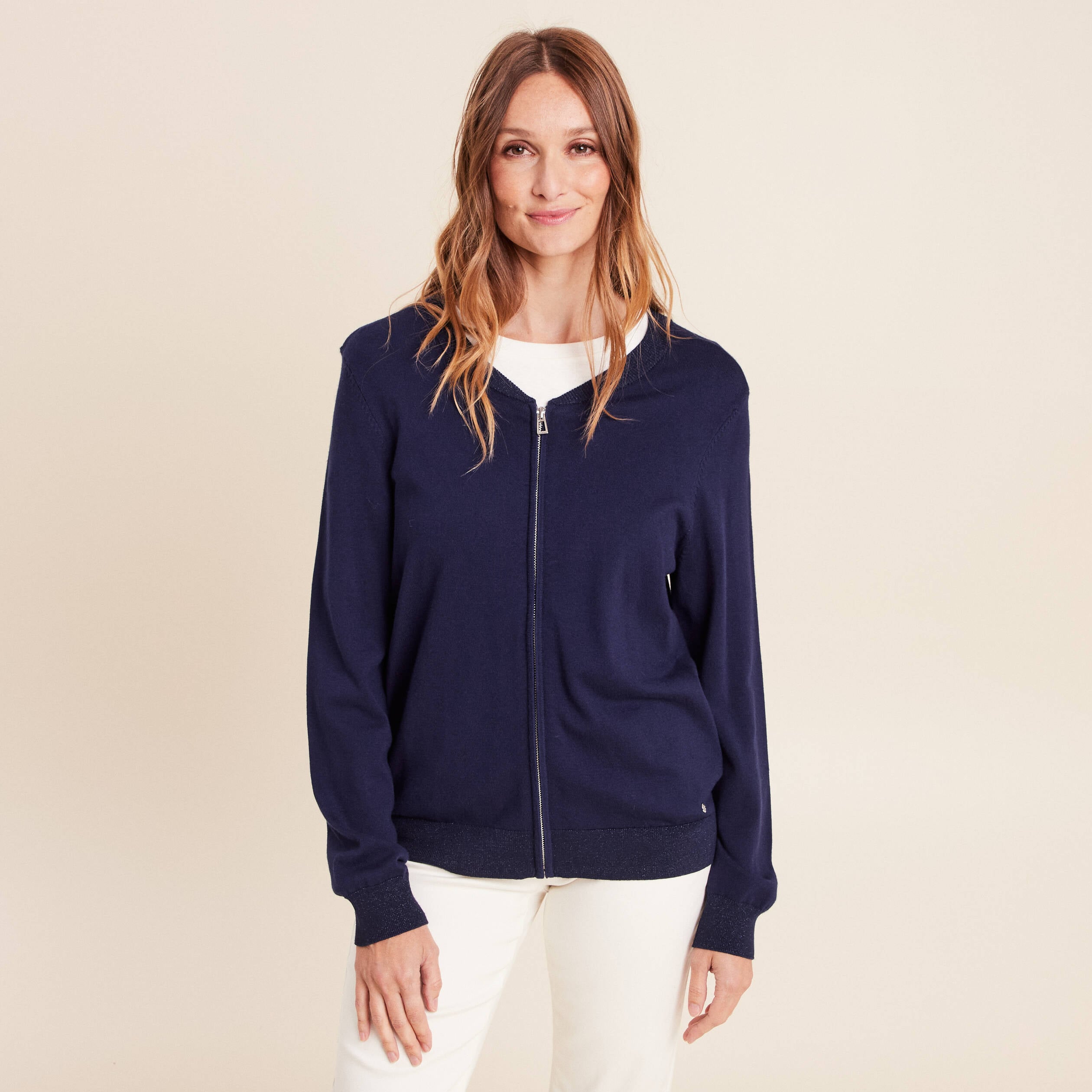 Gilet droit mi-long manches longues bleu marine femme