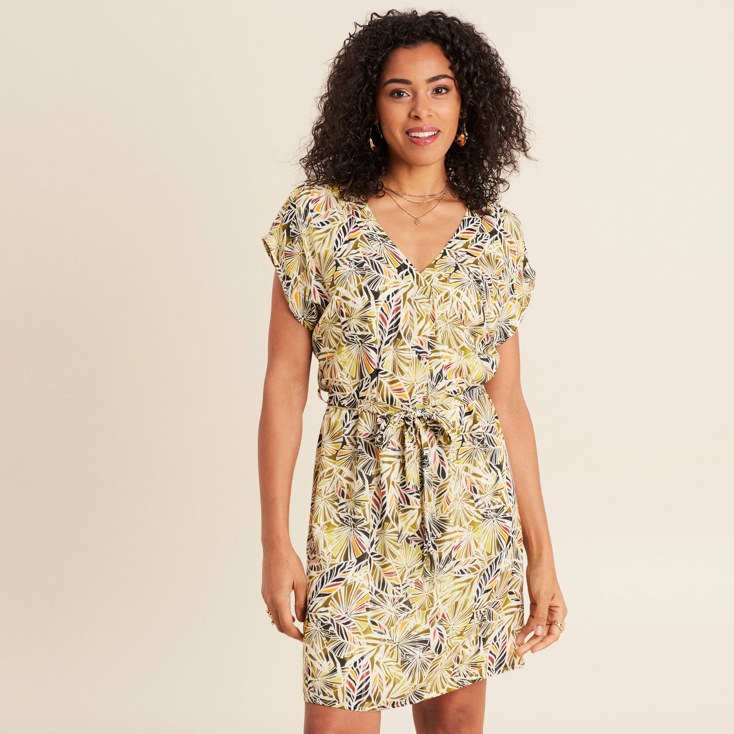 Robe droite fluide col en V vert femme
