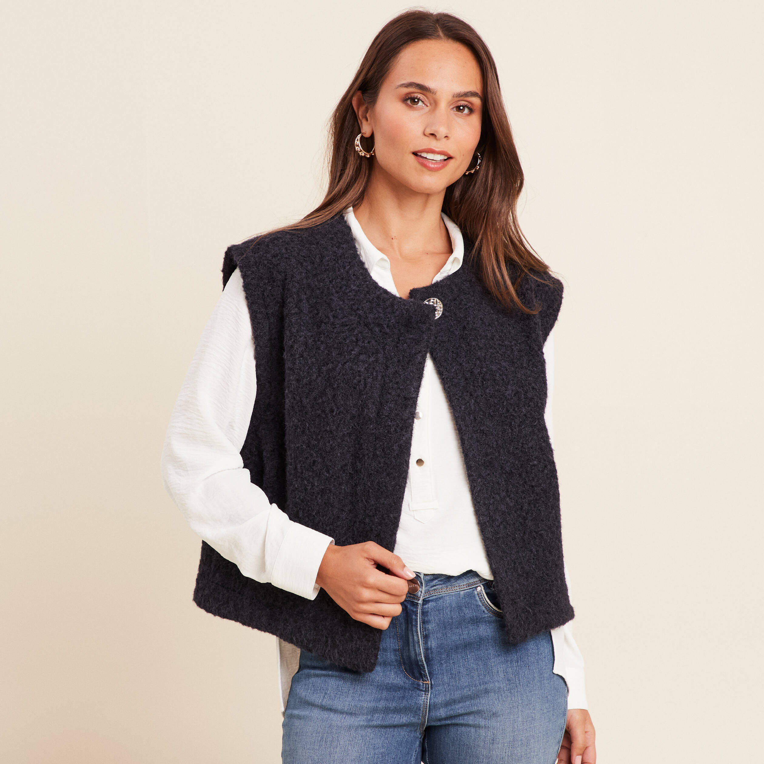 gilet ample sans manches bleu fonce femme Gilet ample sans manches bleu foncé femme
