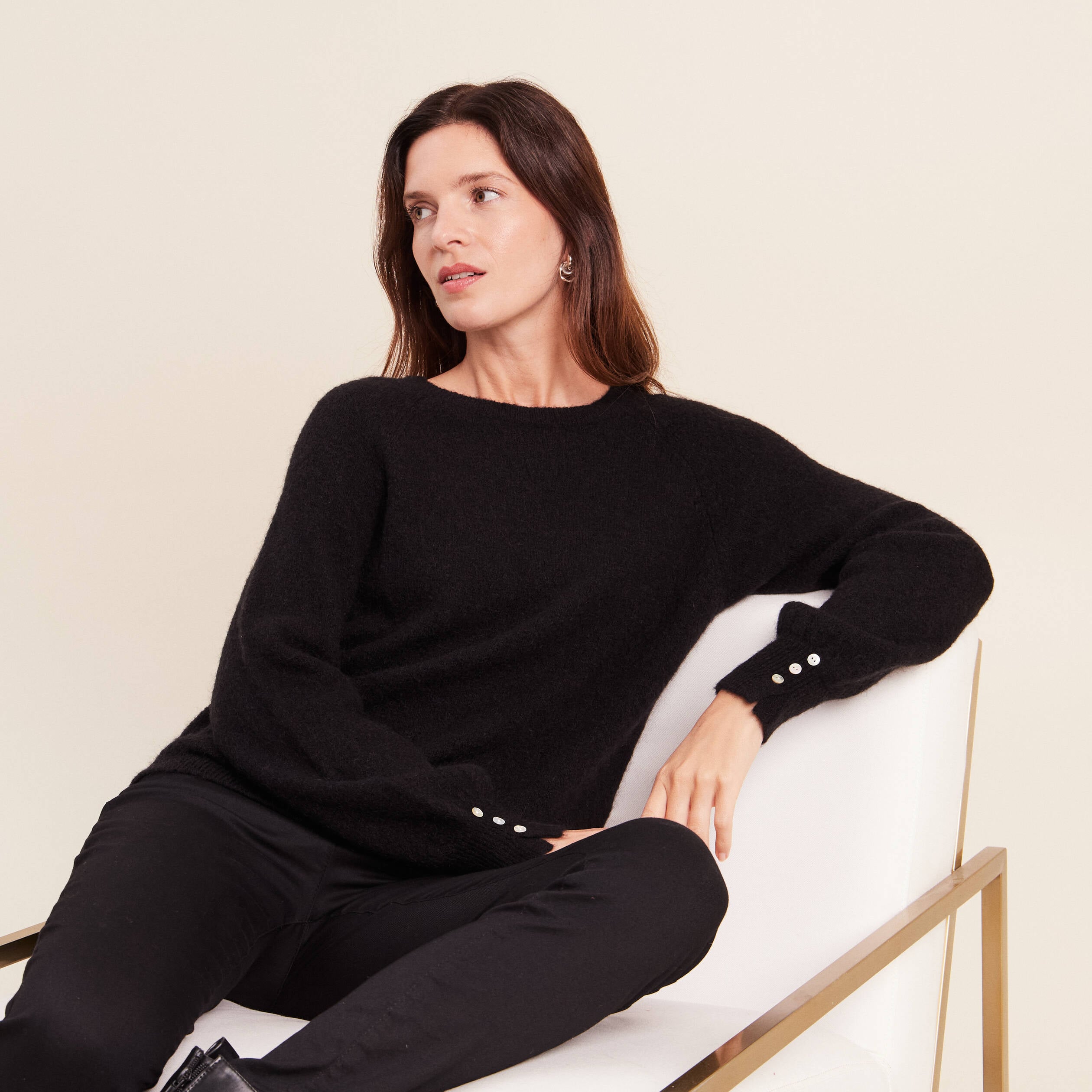 Pull col rond manches longues noir femme