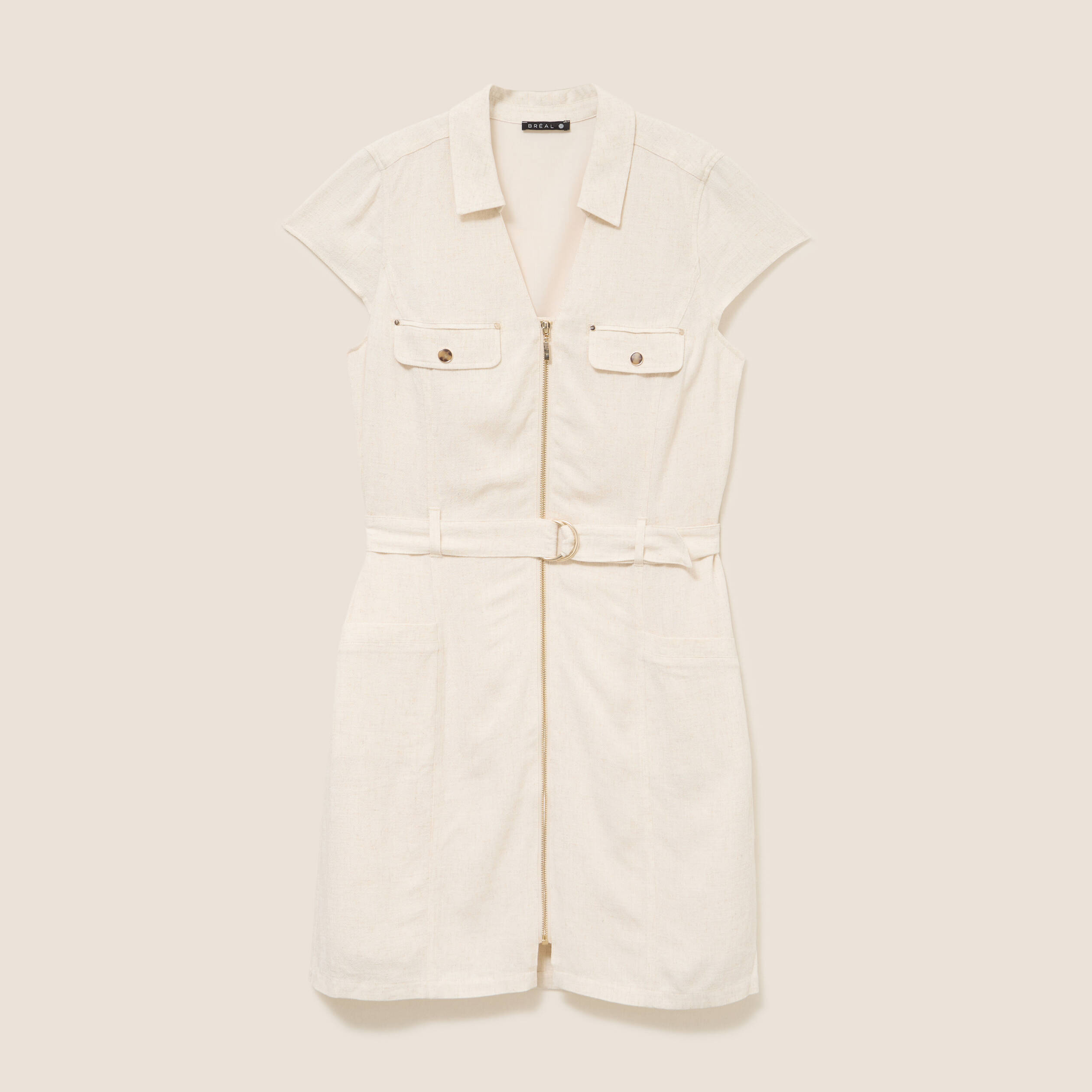 Robe droite courte col chemise beige femme