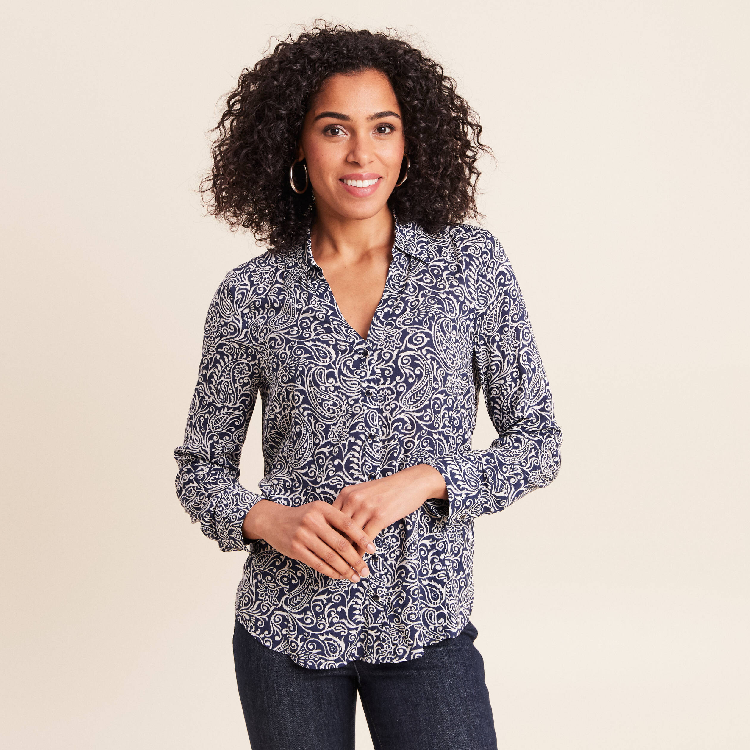 Chemise cintr&eacute;e manches longues bleu femme