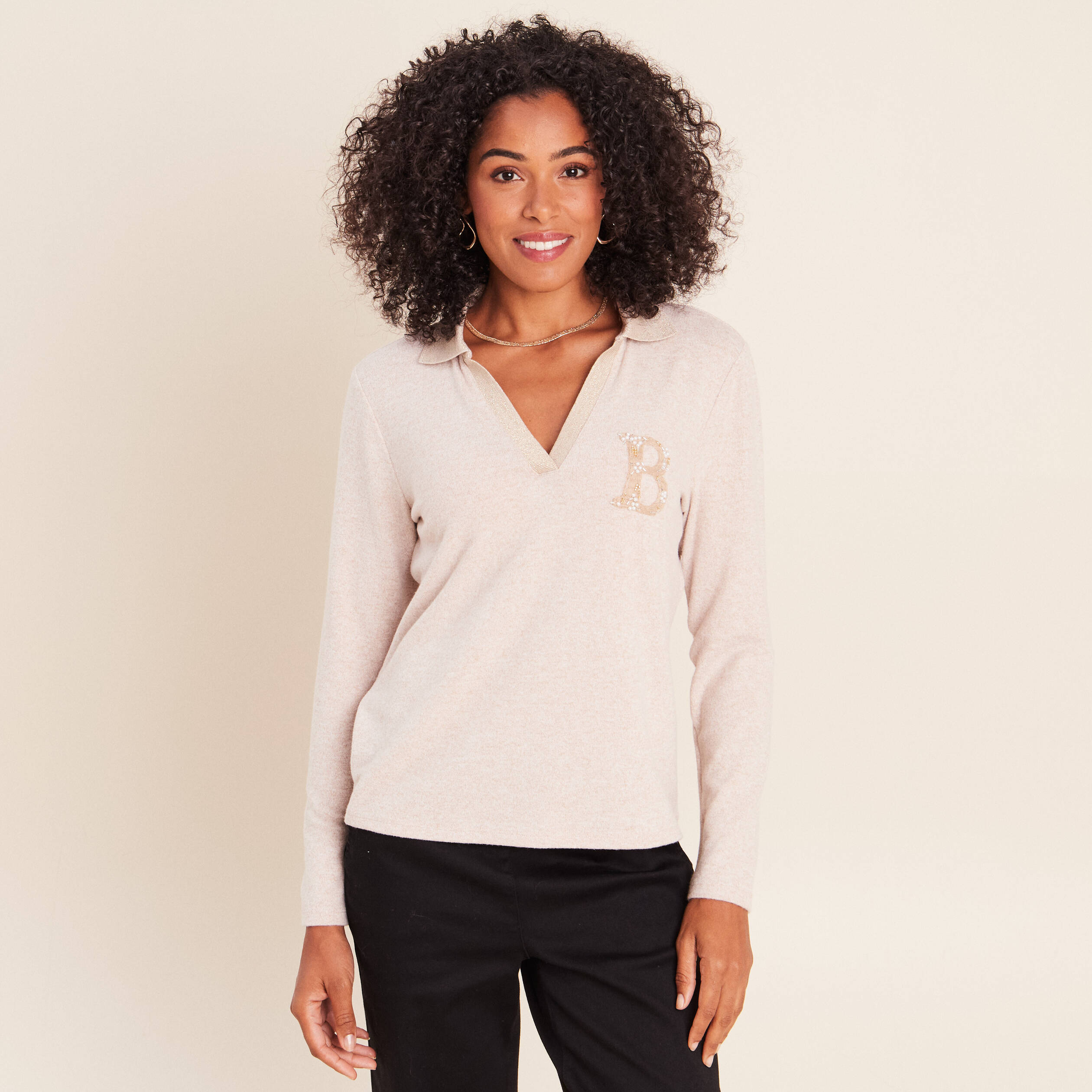 Polo manches longues col chemise brod&eacute; creme femme