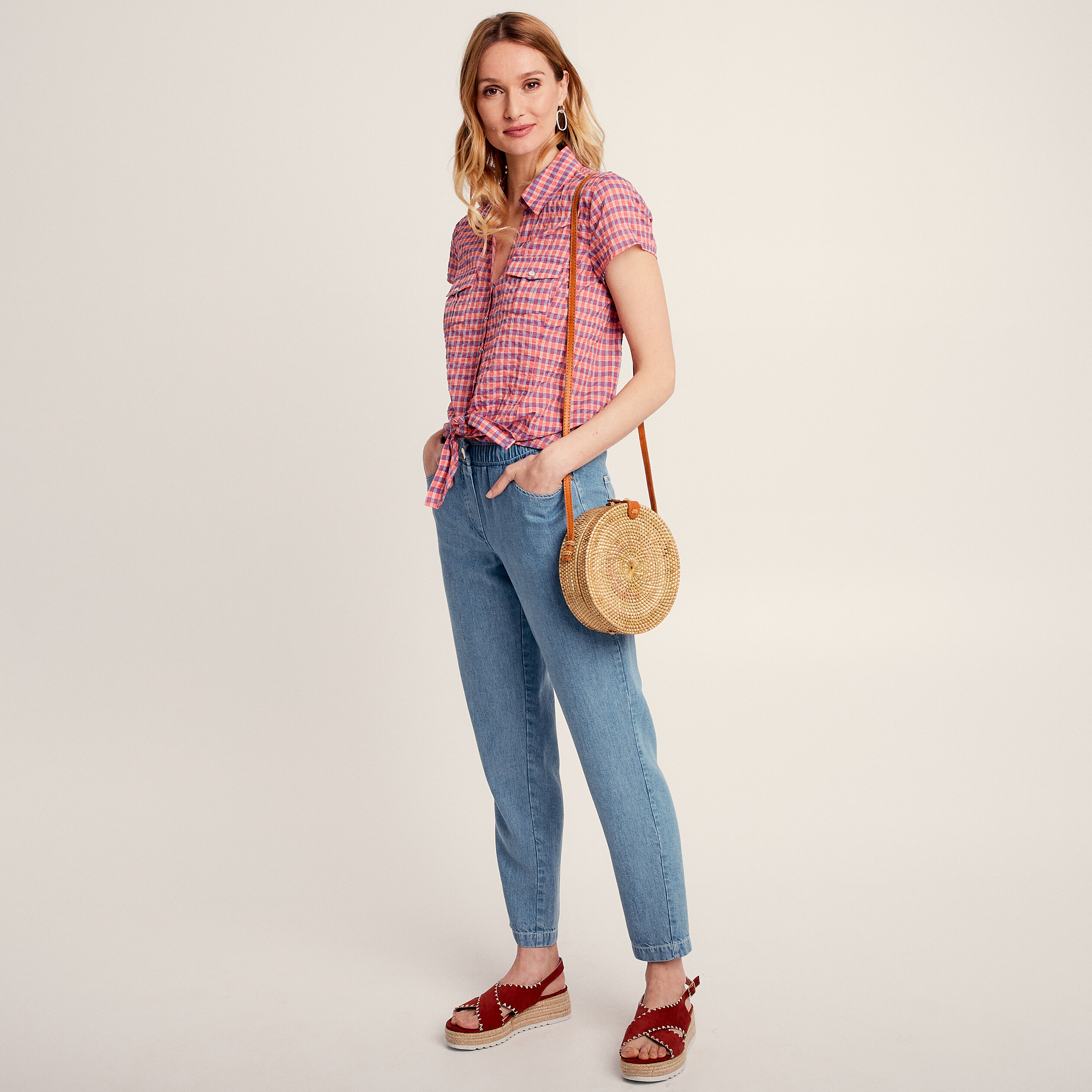 Chemise manches courtes noeud orange femme