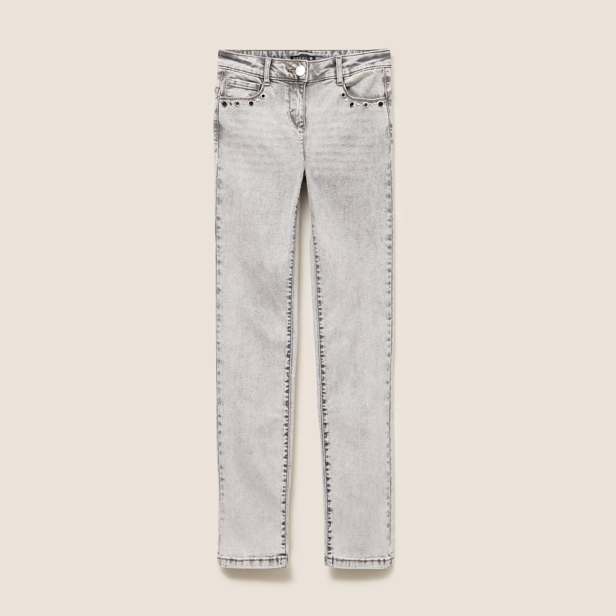 Jean ajust&eacute; taille bascul&eacute;e denim snow gris femme