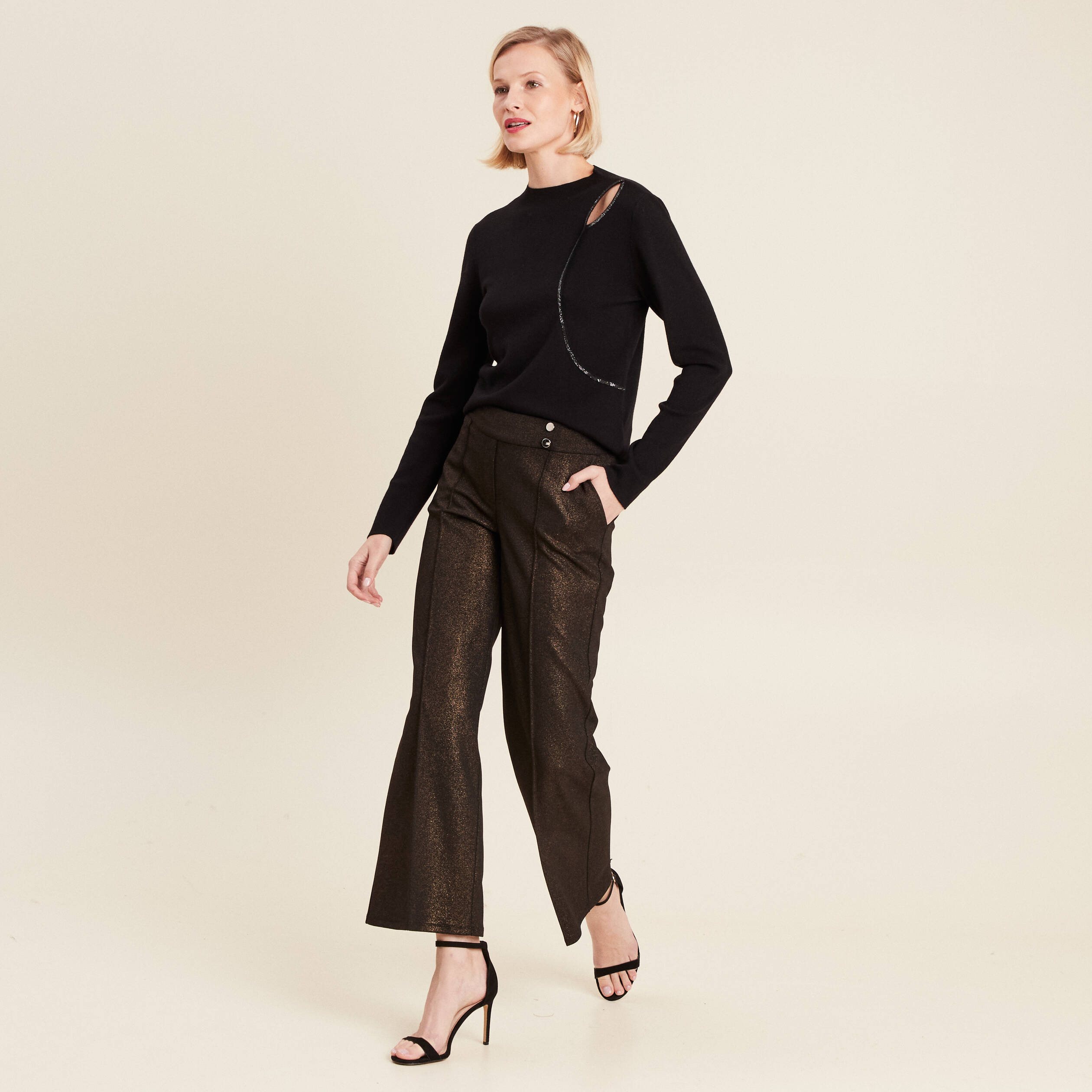 Pantalon large paillettes noir femme
