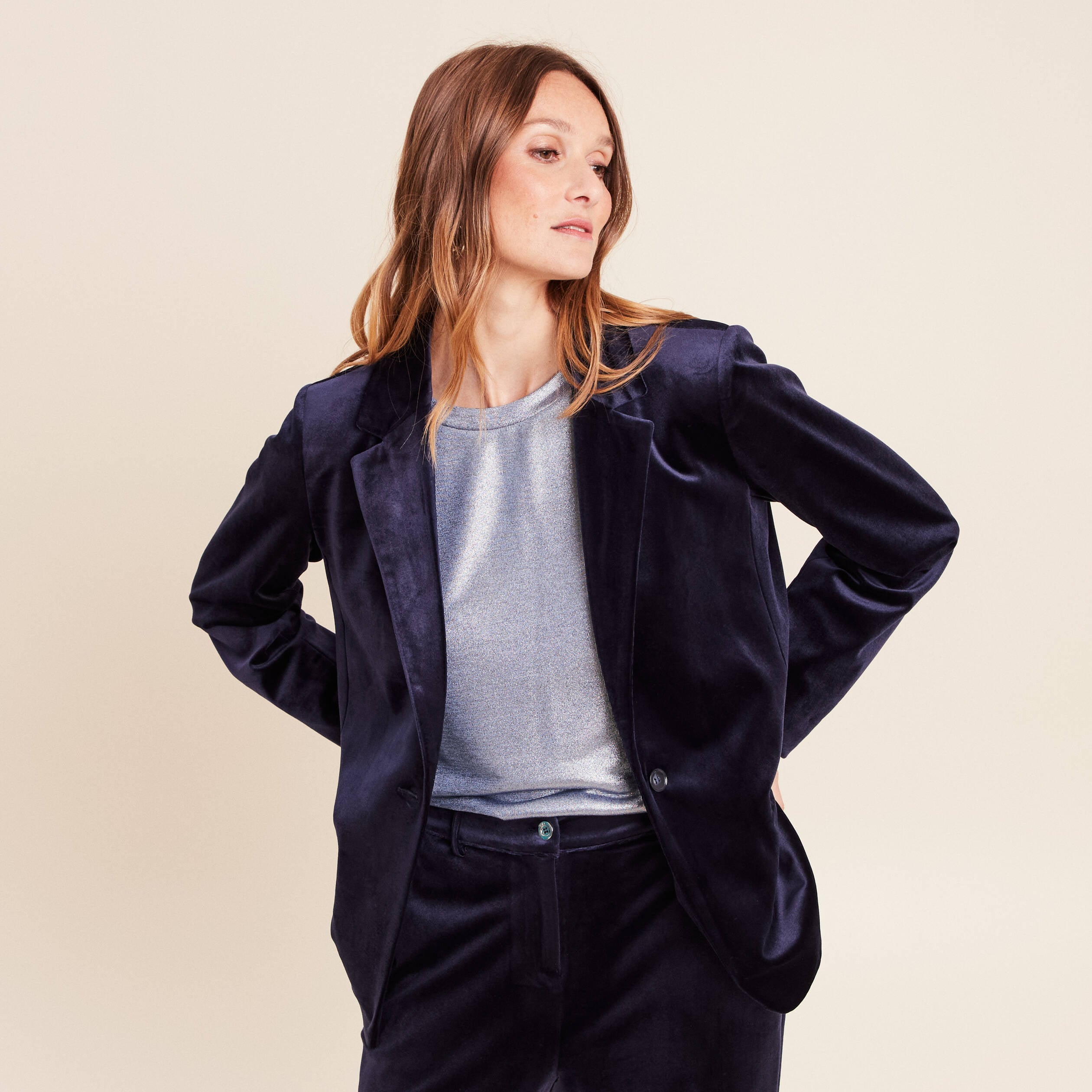 Veste velours manches longues doubl&eacute;e bleu marine femme