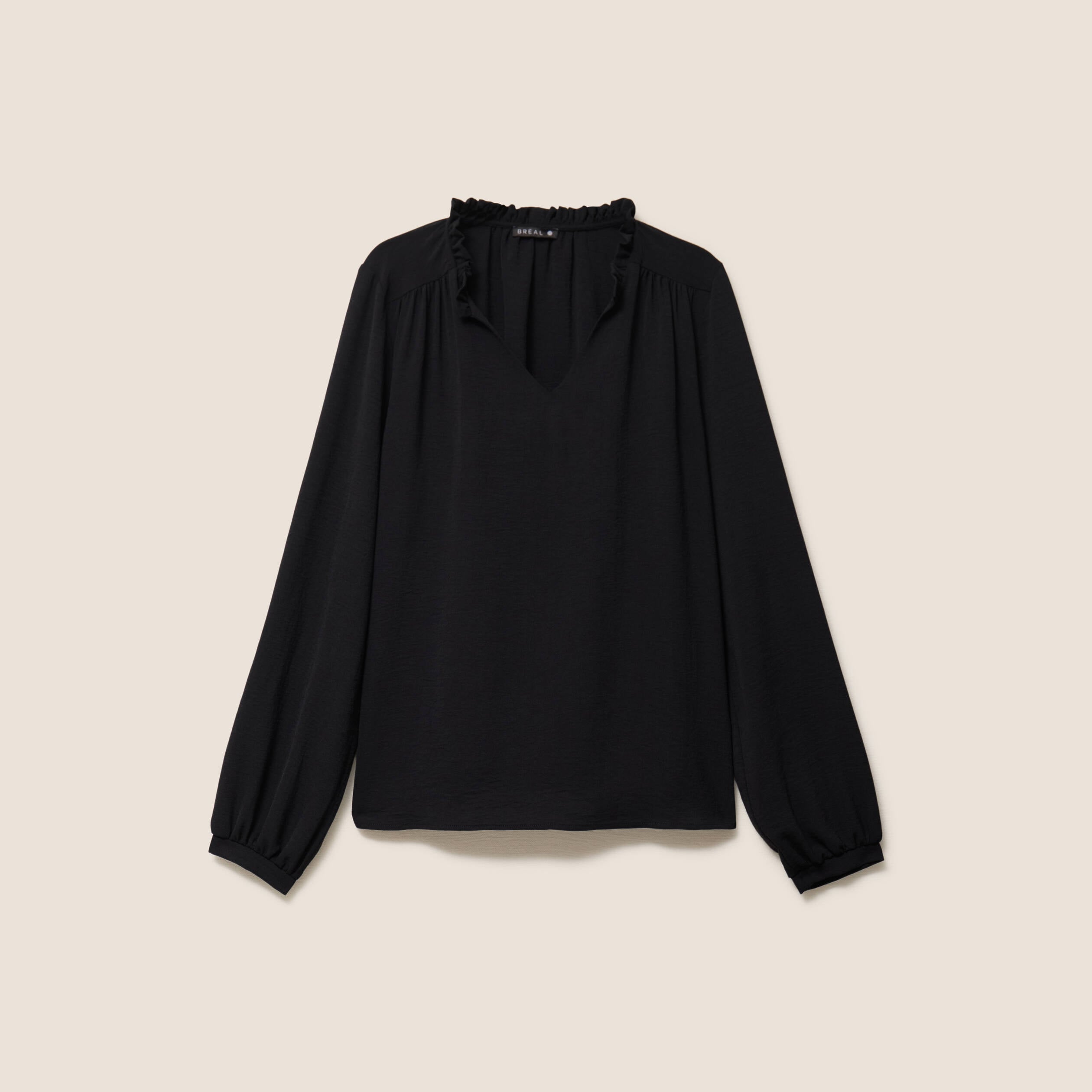 Blouse col v manches longues fluide noir femme