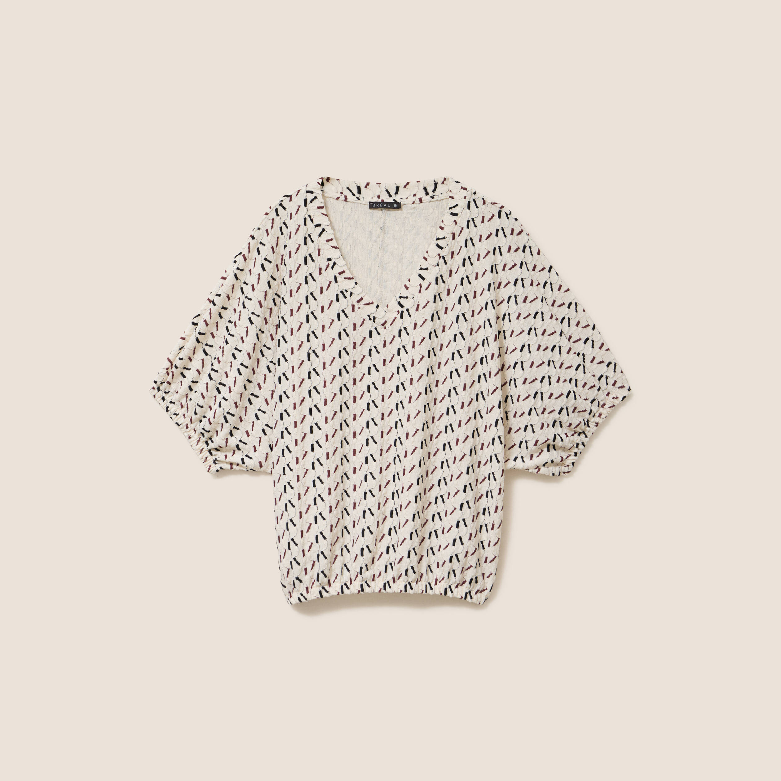 T-shirt effet boule col v manches coudes blanc femme
