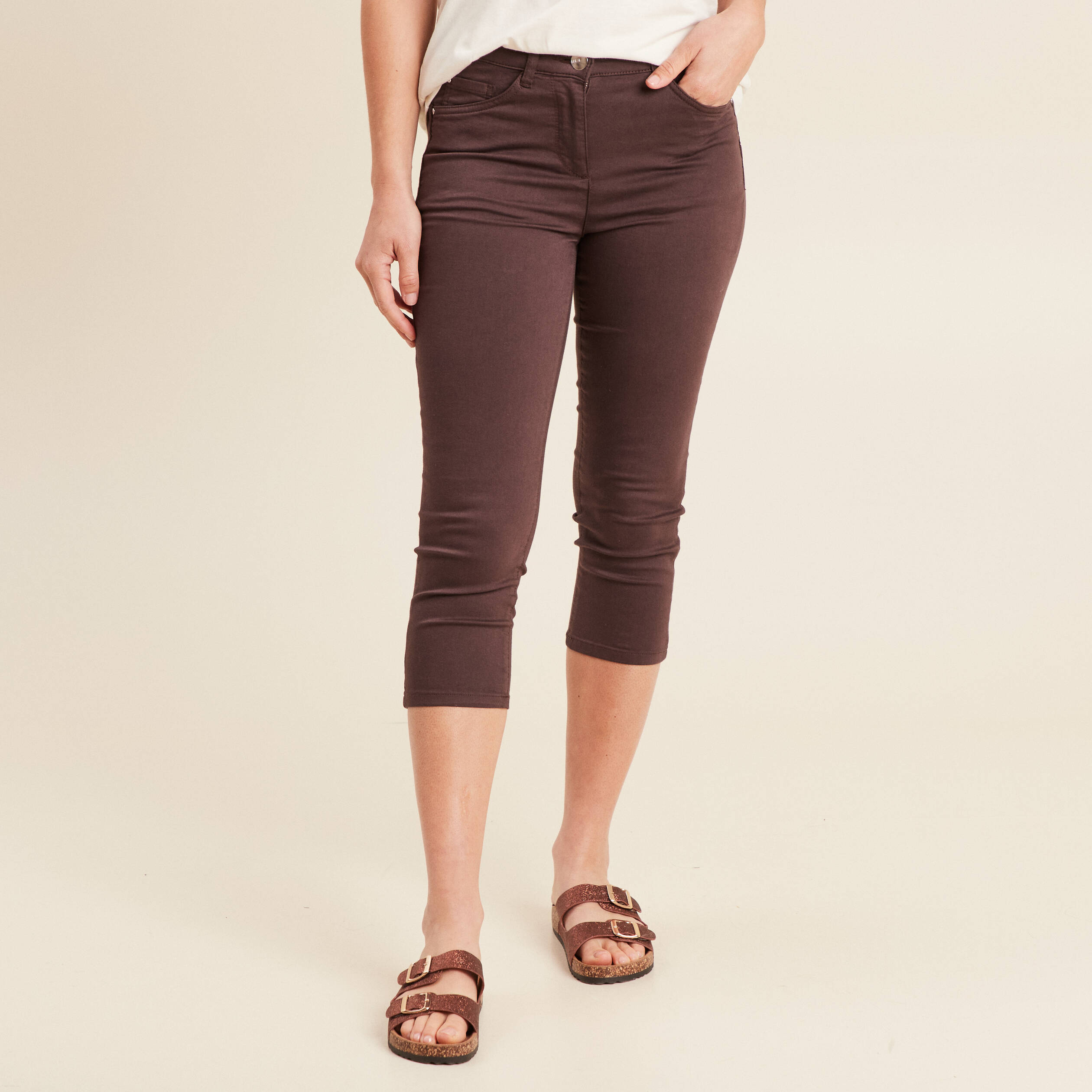 Pantacourt droit taille standard marron femme