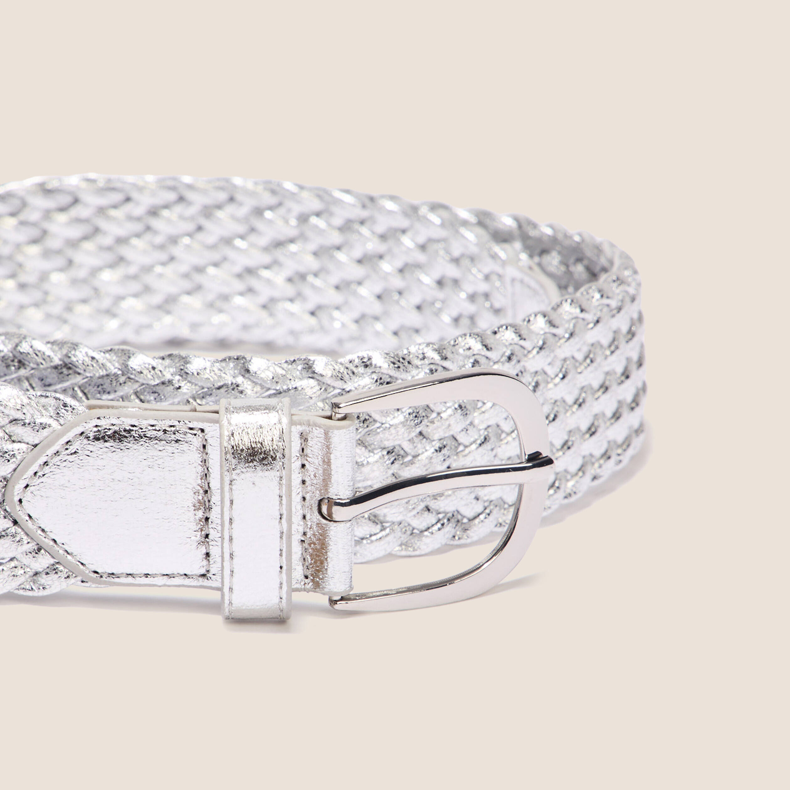 Ceinture tressée métalissée gris clair femme