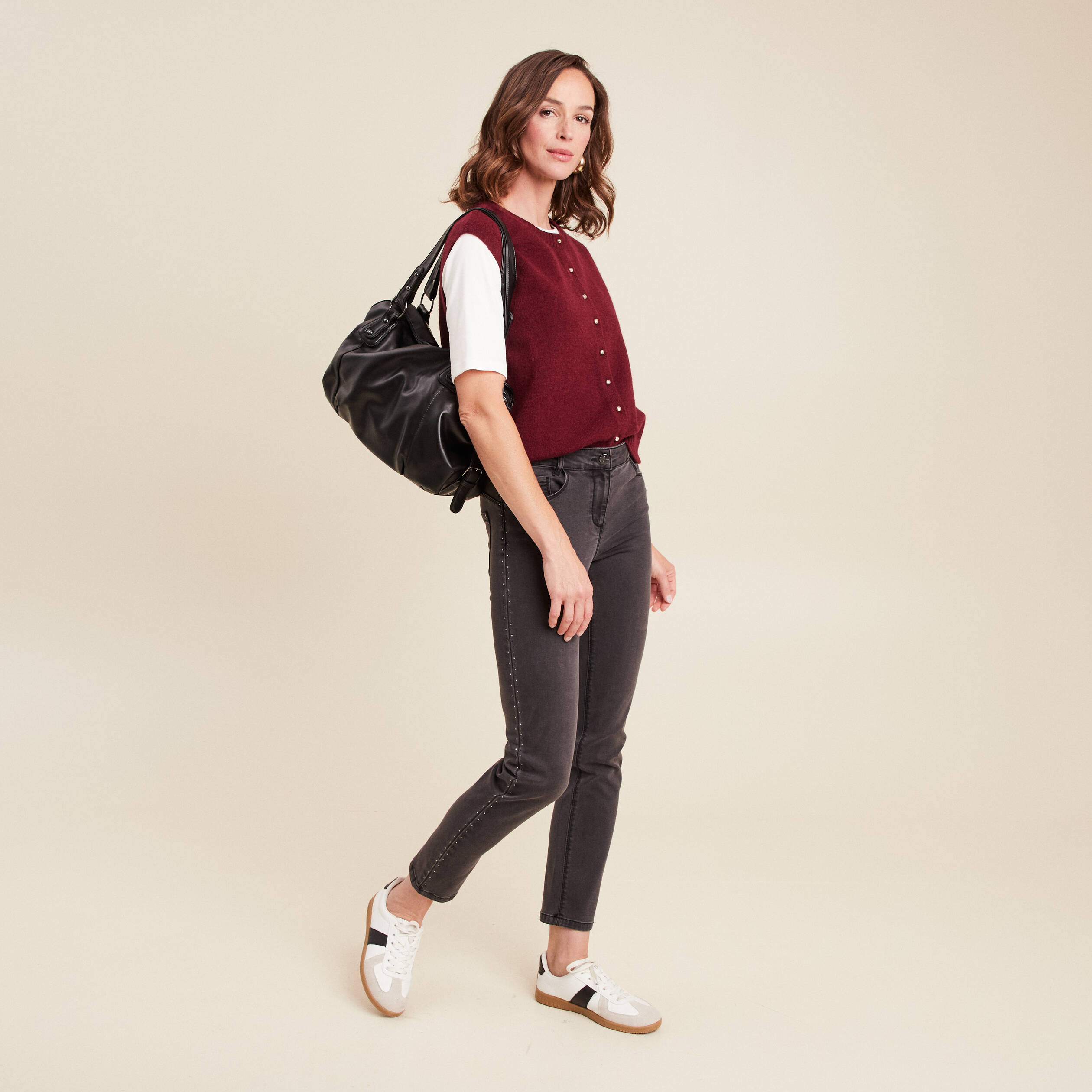 gilet droit court sans manches col rond bordeaux femme