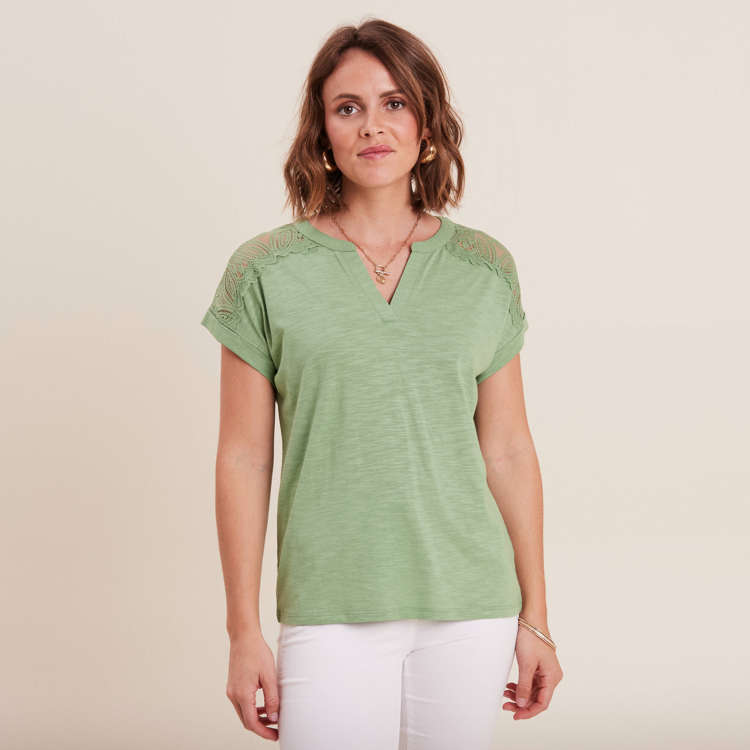 T-shirt manches courtes vert olive femme