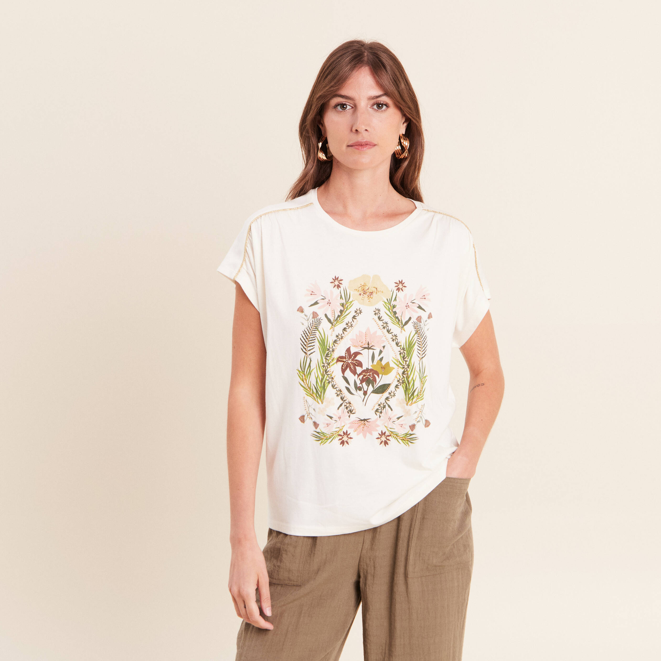 T-shirt col rond manches courtes ecru femme