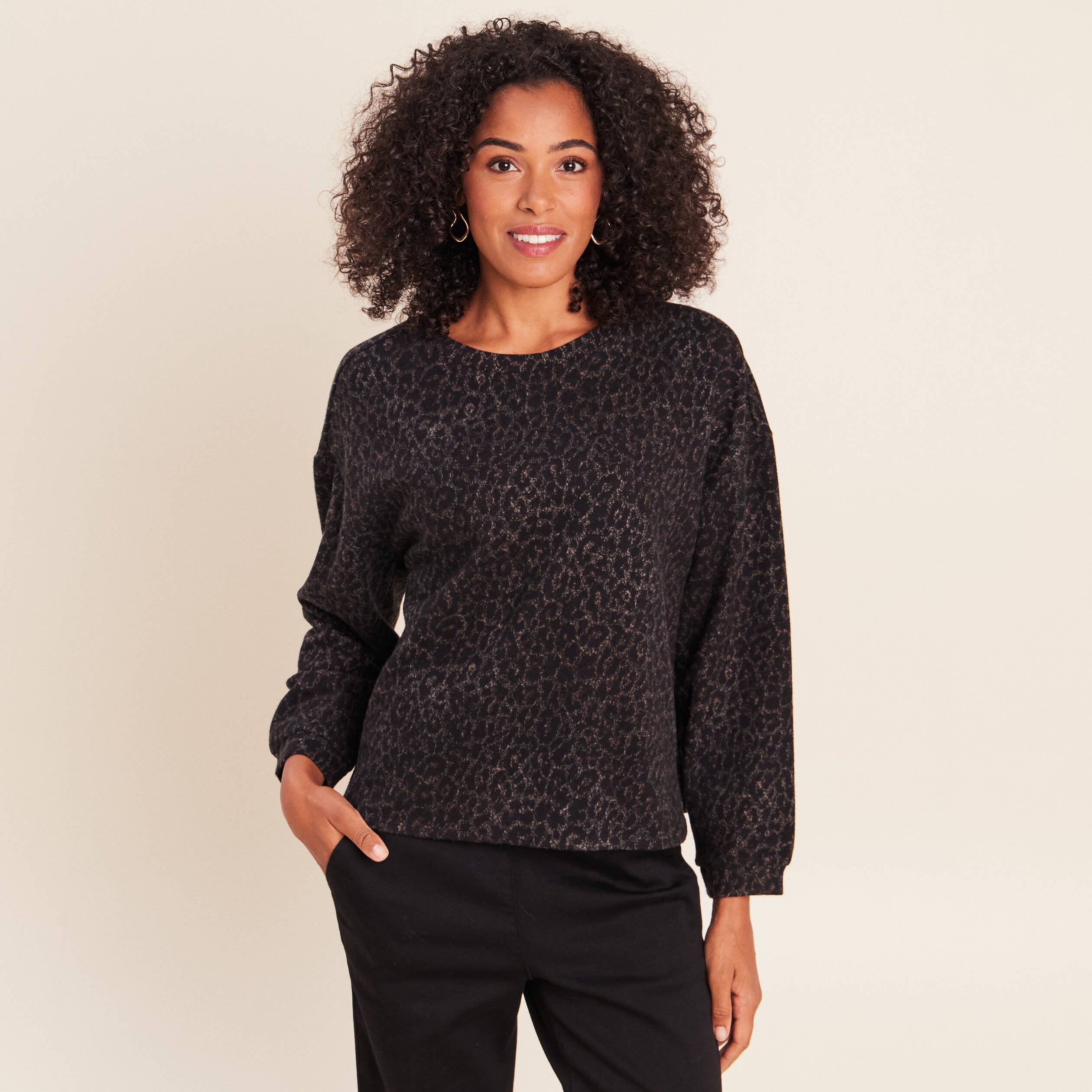 Pull col rond manches longues marron femme