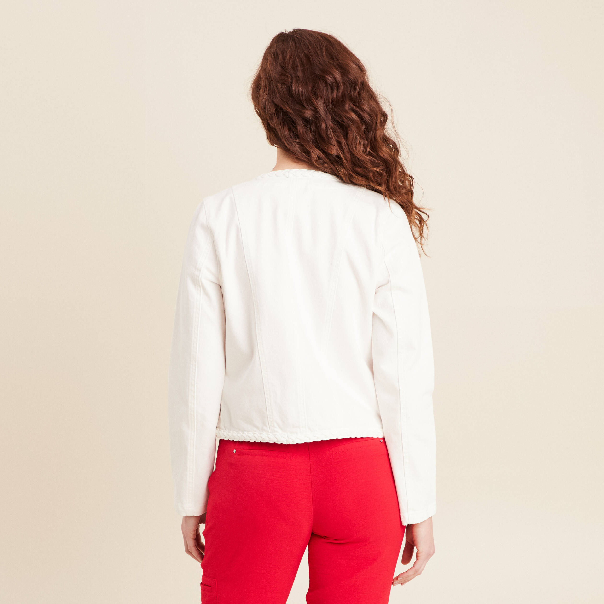 Veste en jean détails tressés blanc femme