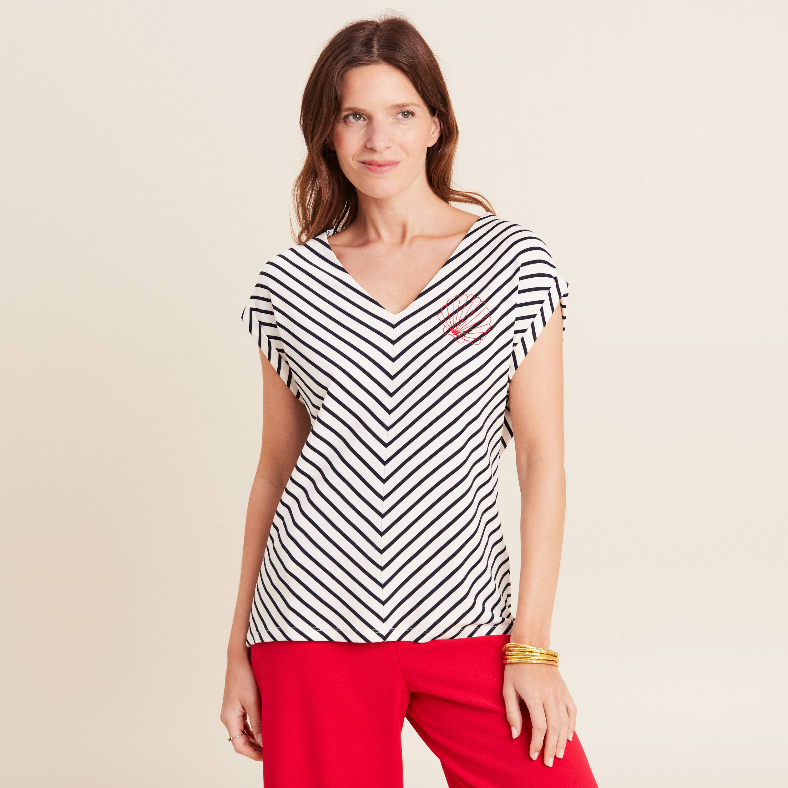 T-shirt manches courtes brodé blanc femme