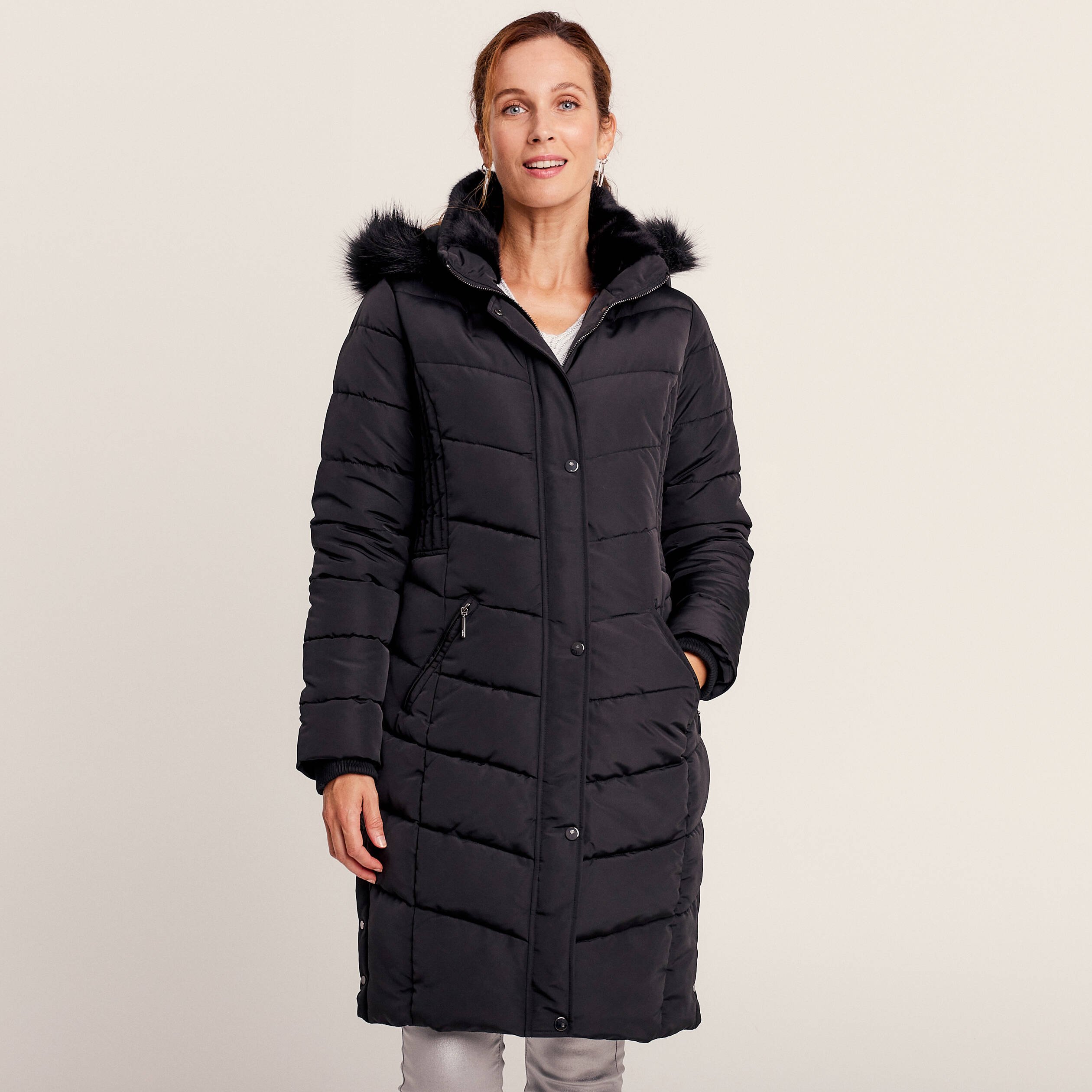 Doudoune déperlante longue à capuche noir femme