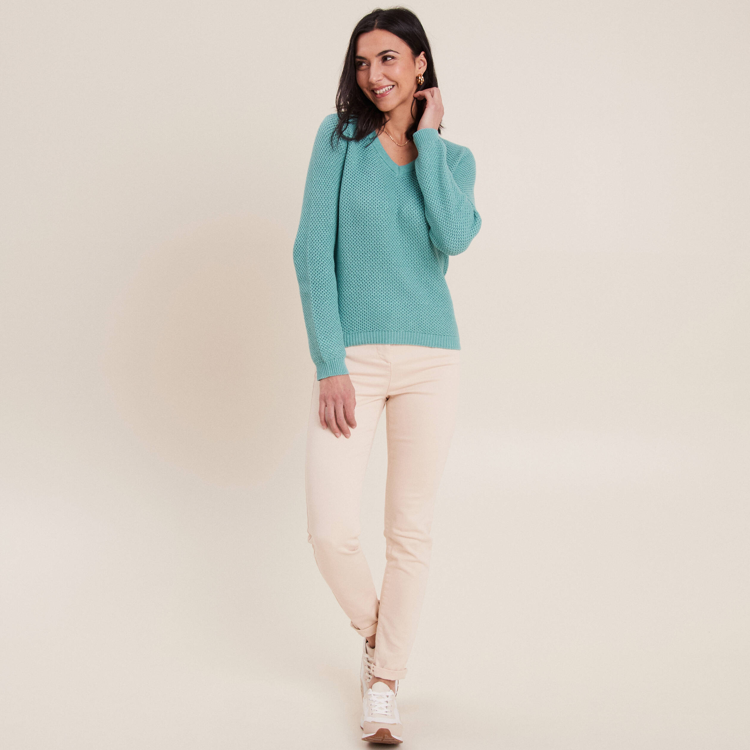 Pull avec col en V bleu canard femme