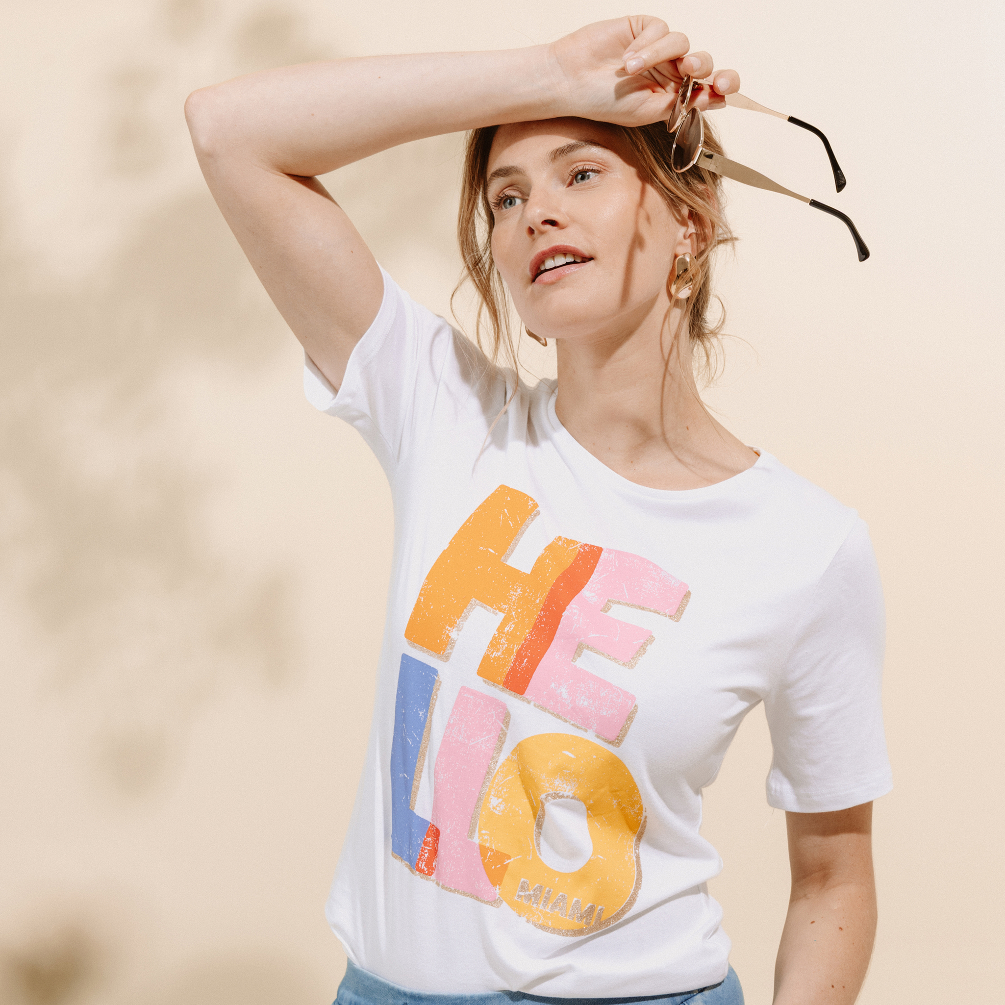 T-shirt col rond manches courtes blanc femme