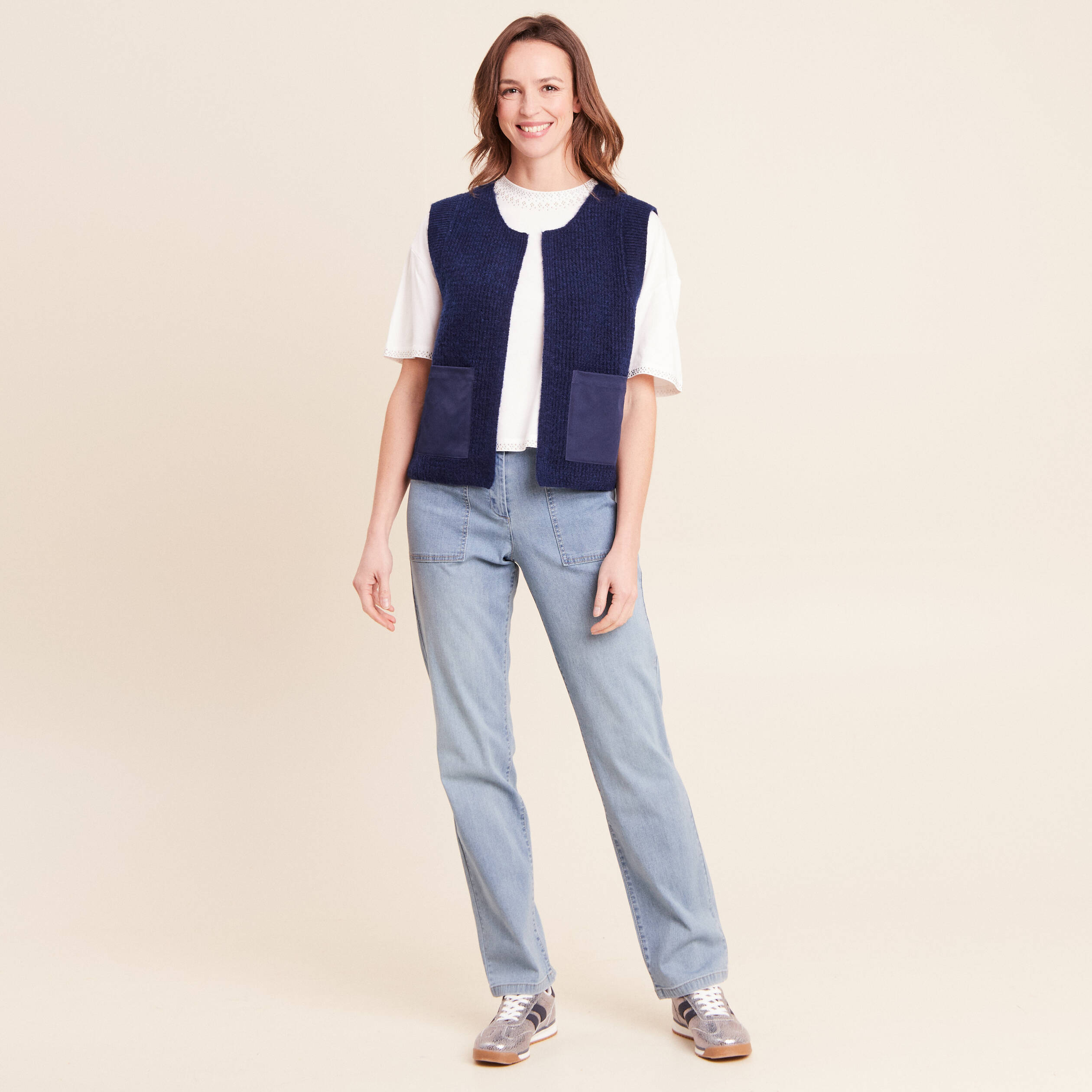 Gilet sans manches aspect laineux bleu marine femme
