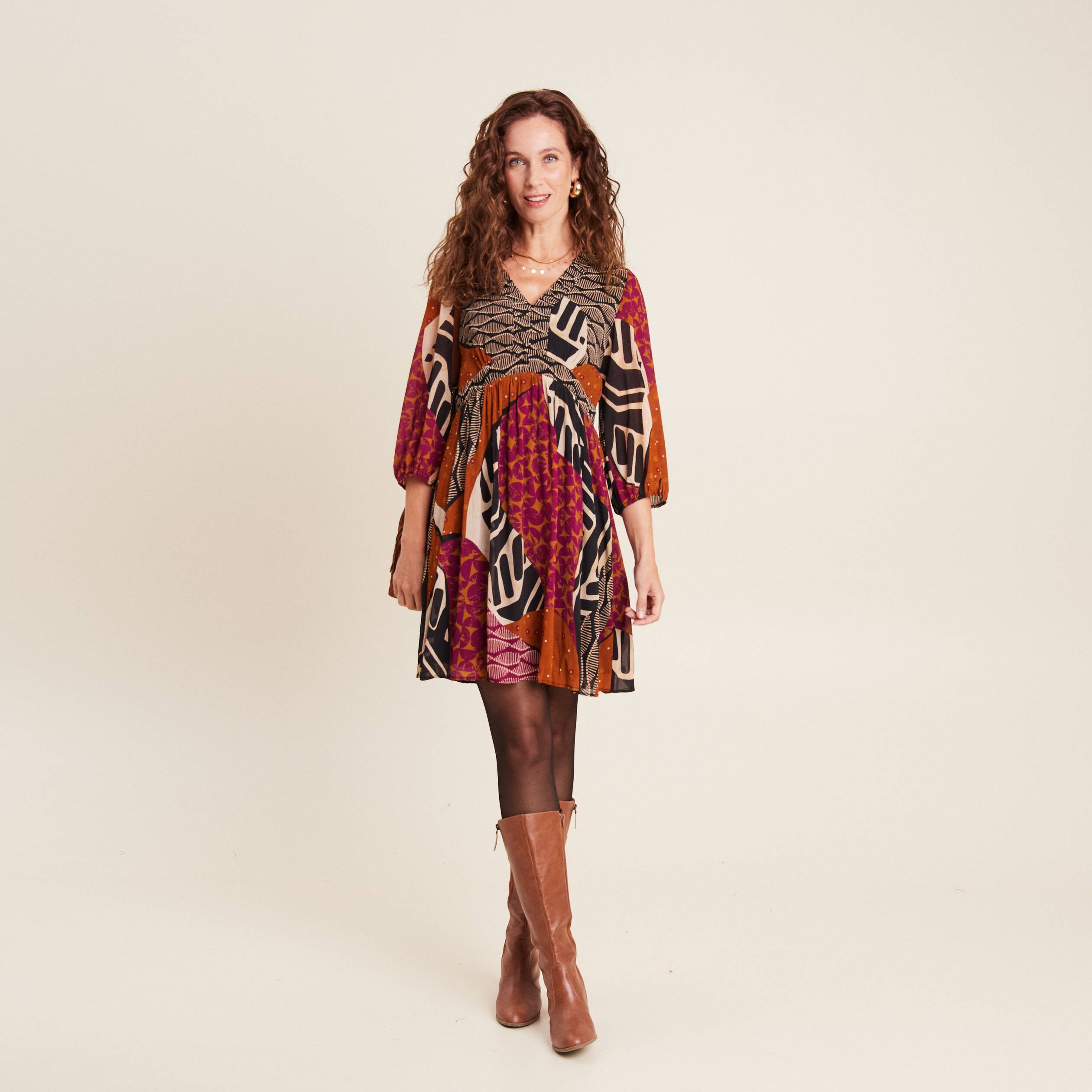 Robe évasée fluide manches 3/4 multicolore femme