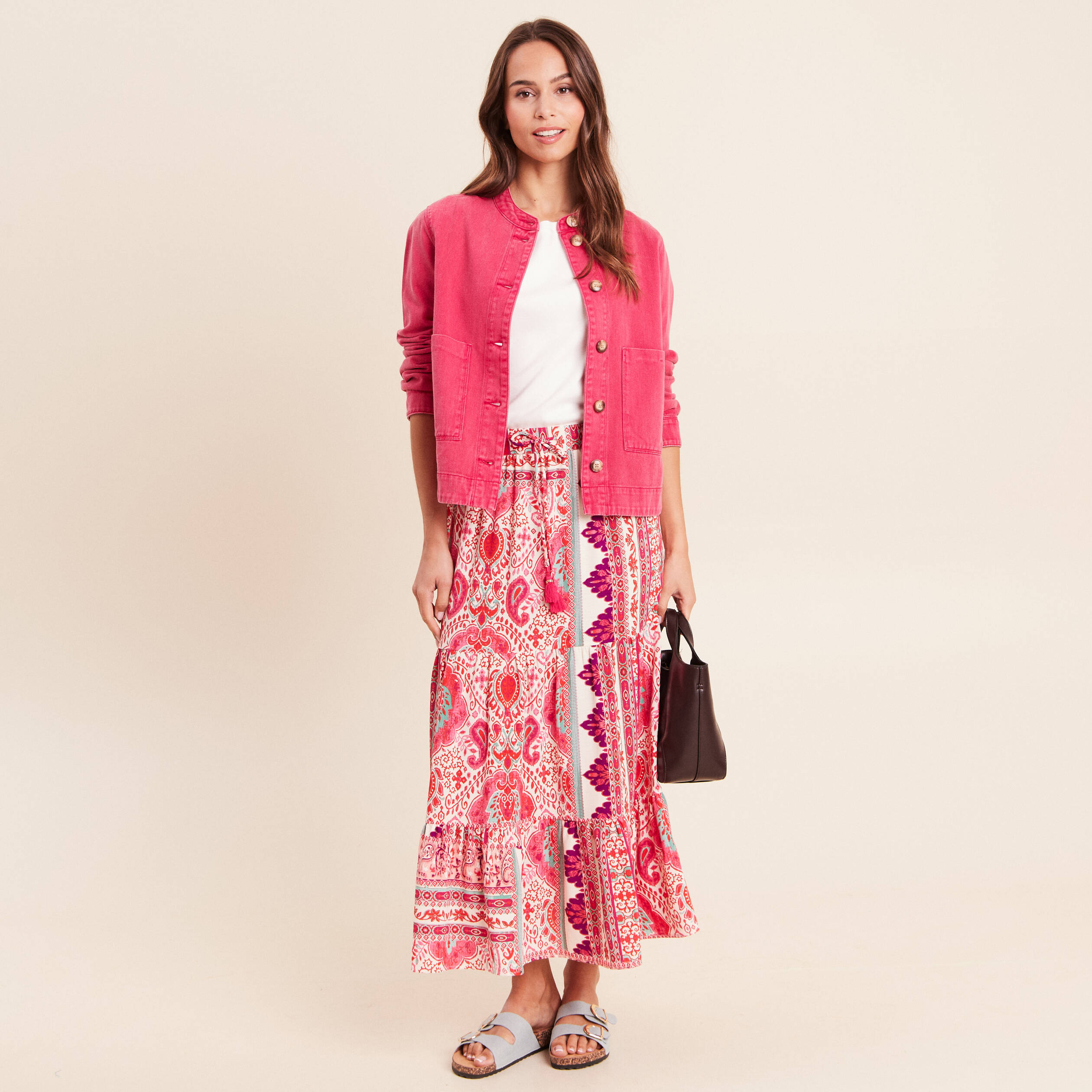 Veste ample courte en jean rose fushia femme
