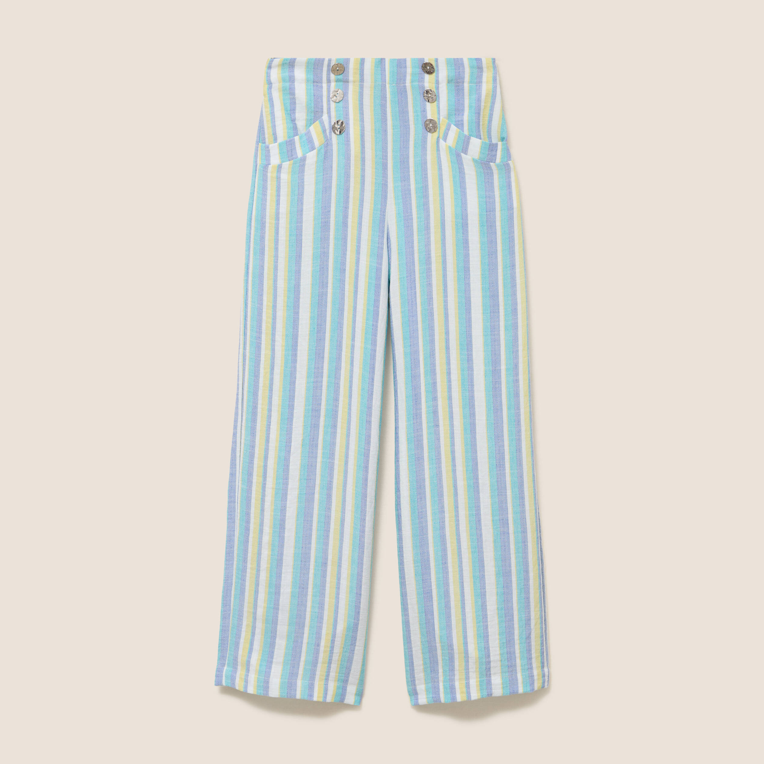 Pantalon large 7/8&egrave;me taille haute bleu femme