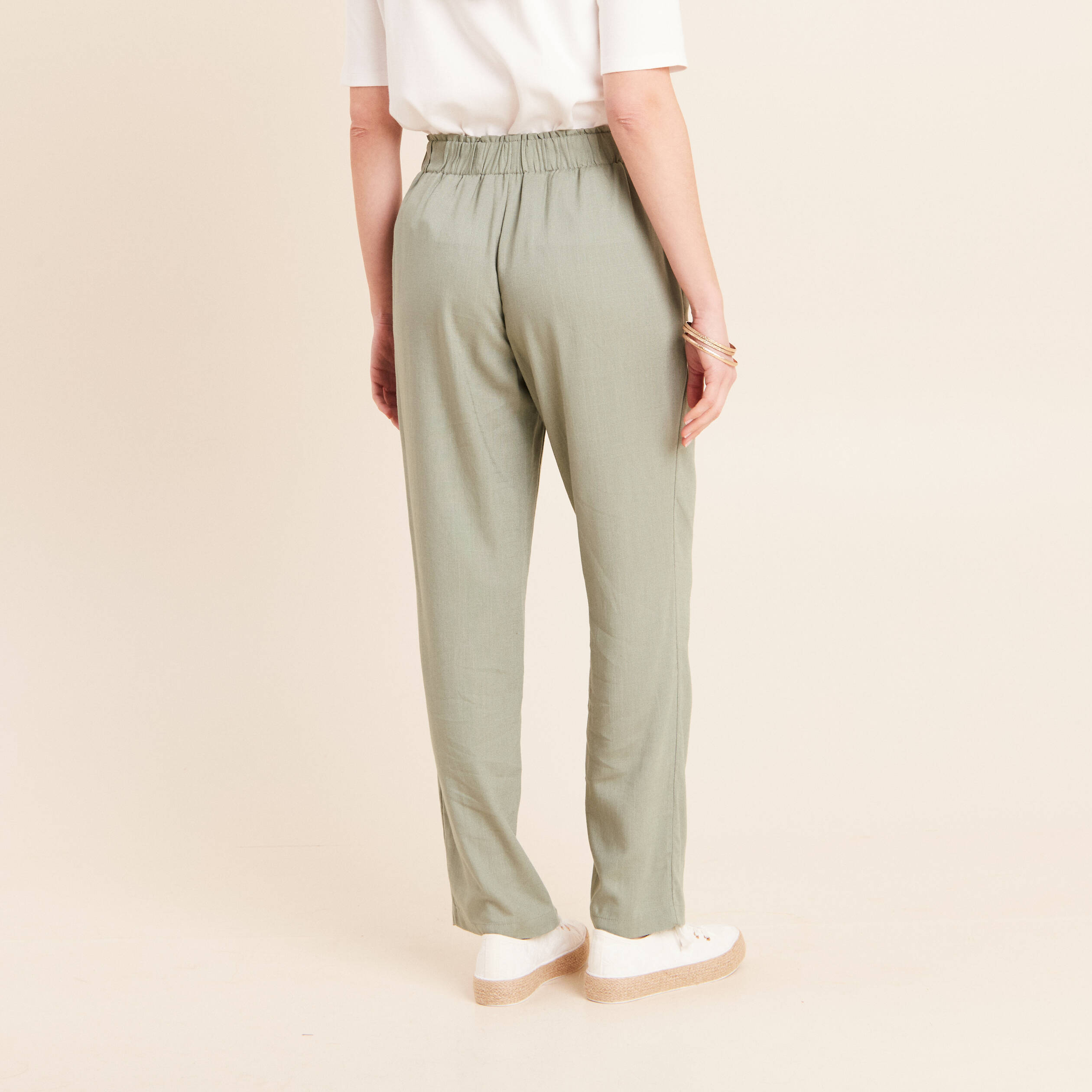 Pantalon large taille haute vert clair femme