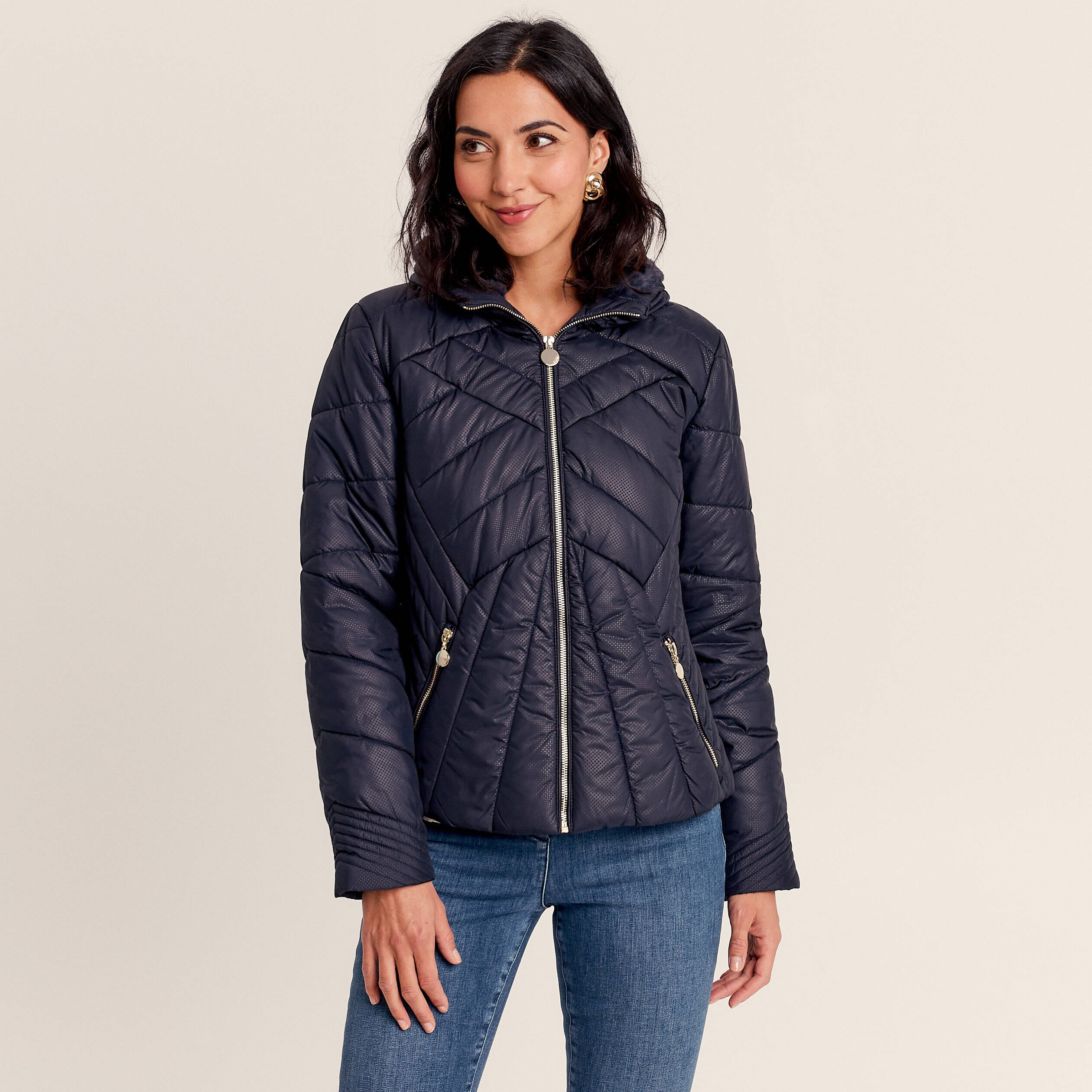Doudoune déperlante droite zippée bleu foncé femme