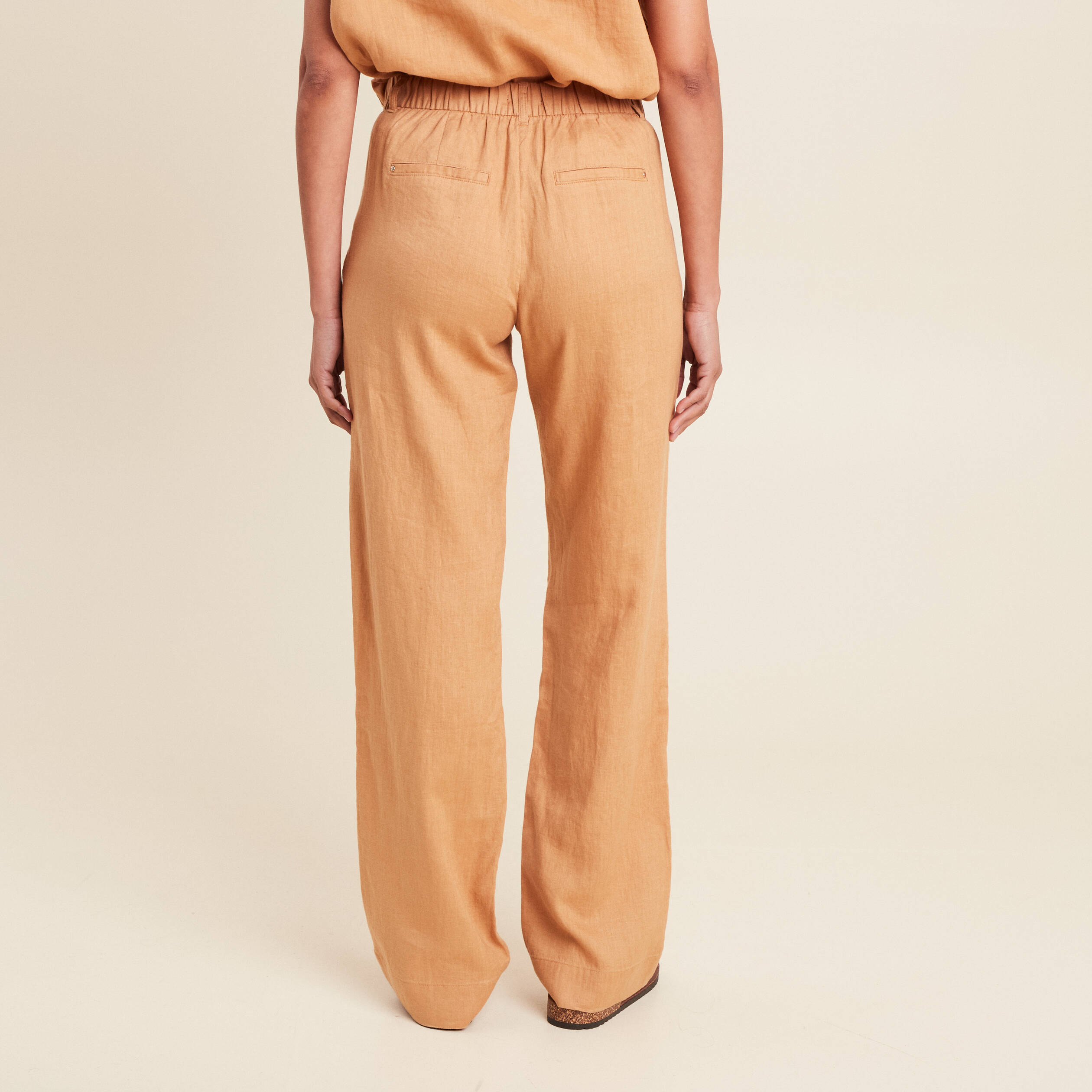 Pantalon fluide taille haute beige femme