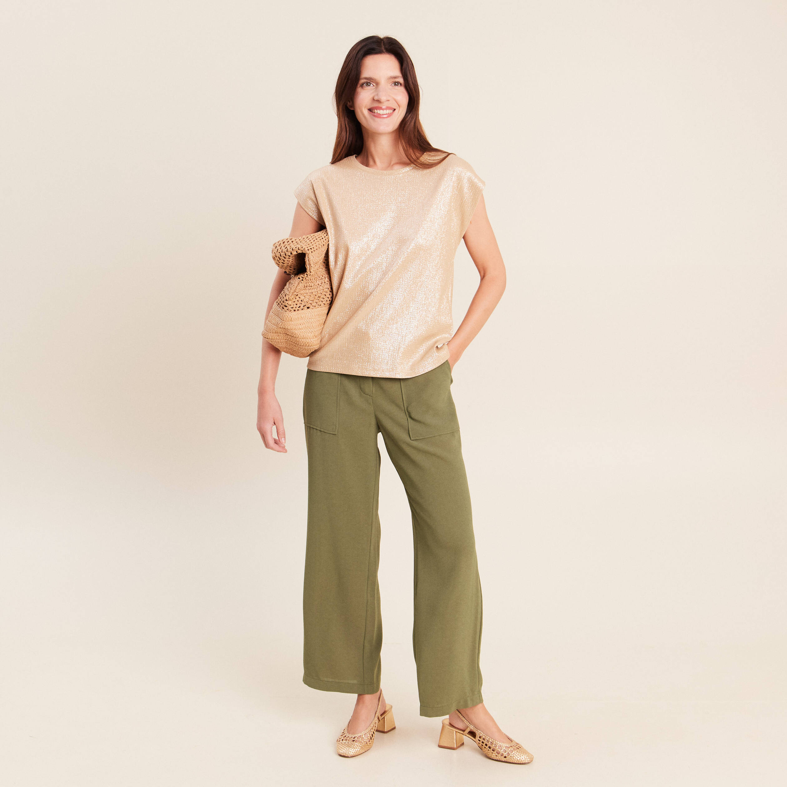 Pantalon large 7/8&egrave;me taille haute vert kaki femme