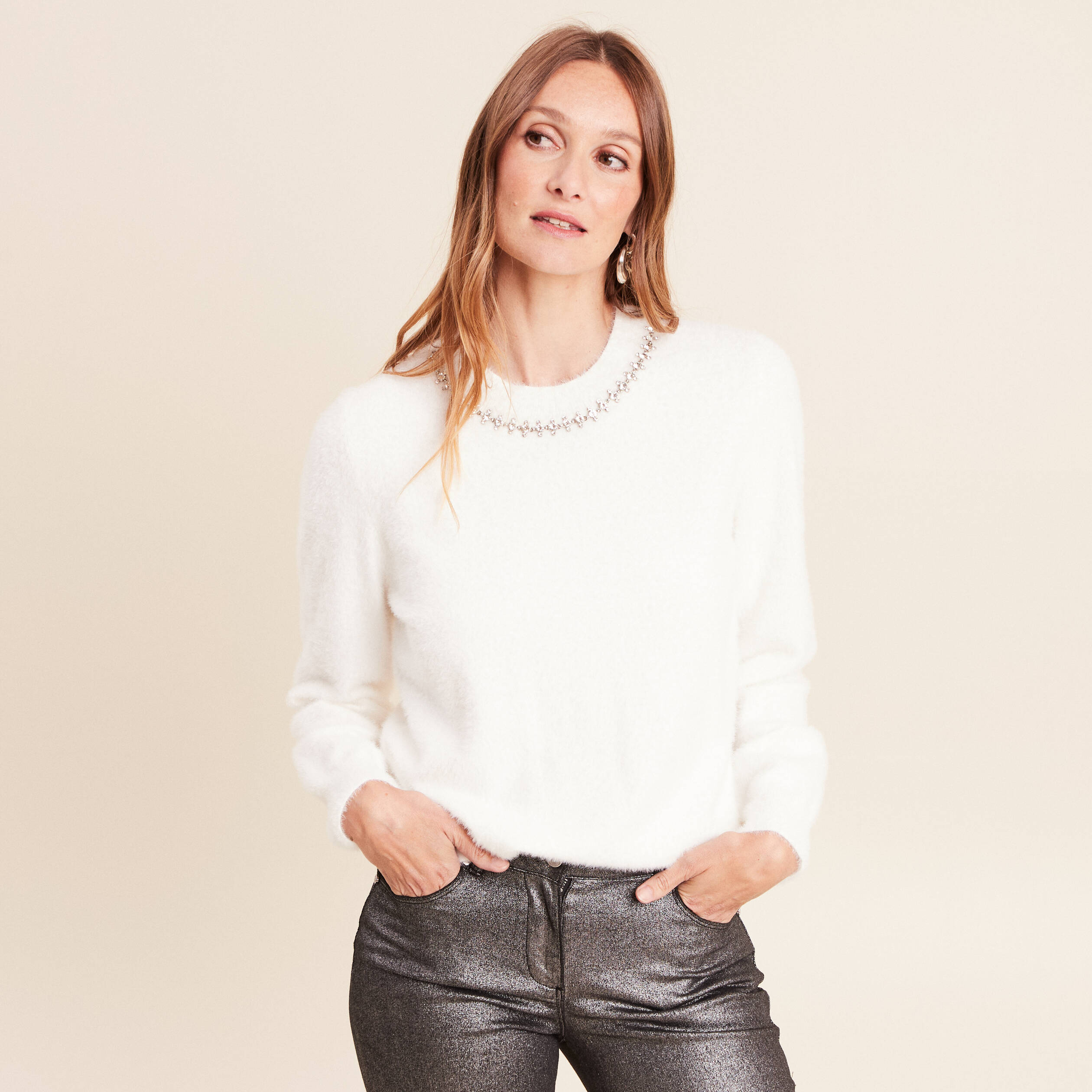 Pull manches longues ecru femme