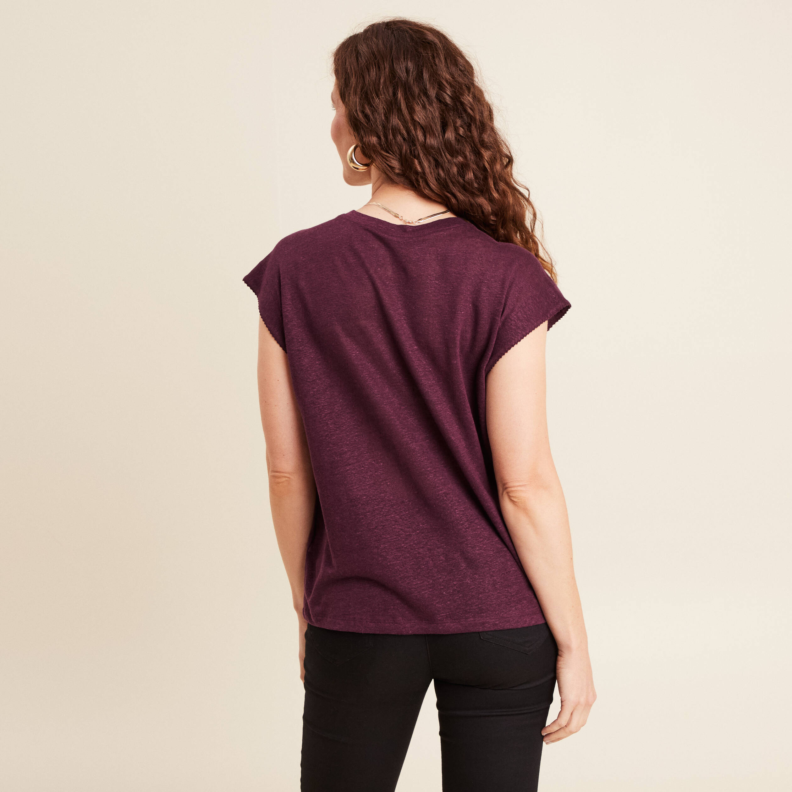 top col v manches courtes en lin prune femme Top col v manches courtes en lin prune femme